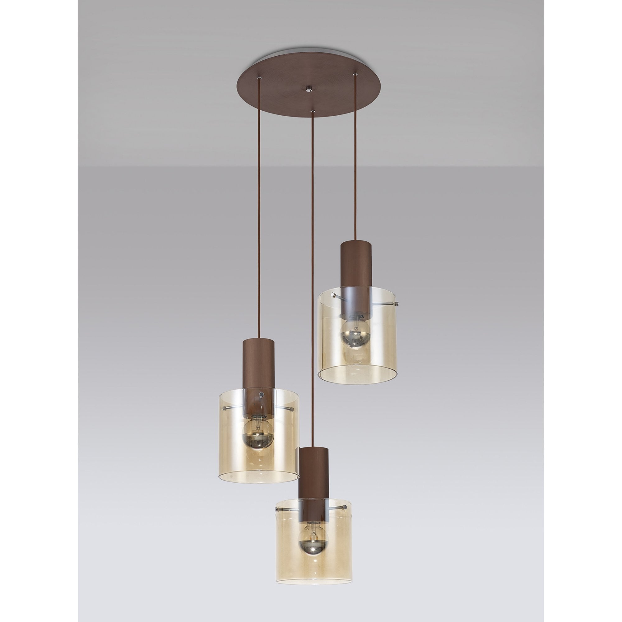 Fabula Kendon Adjustable 3 Light Round Pendant - Mocha & Amber Glass