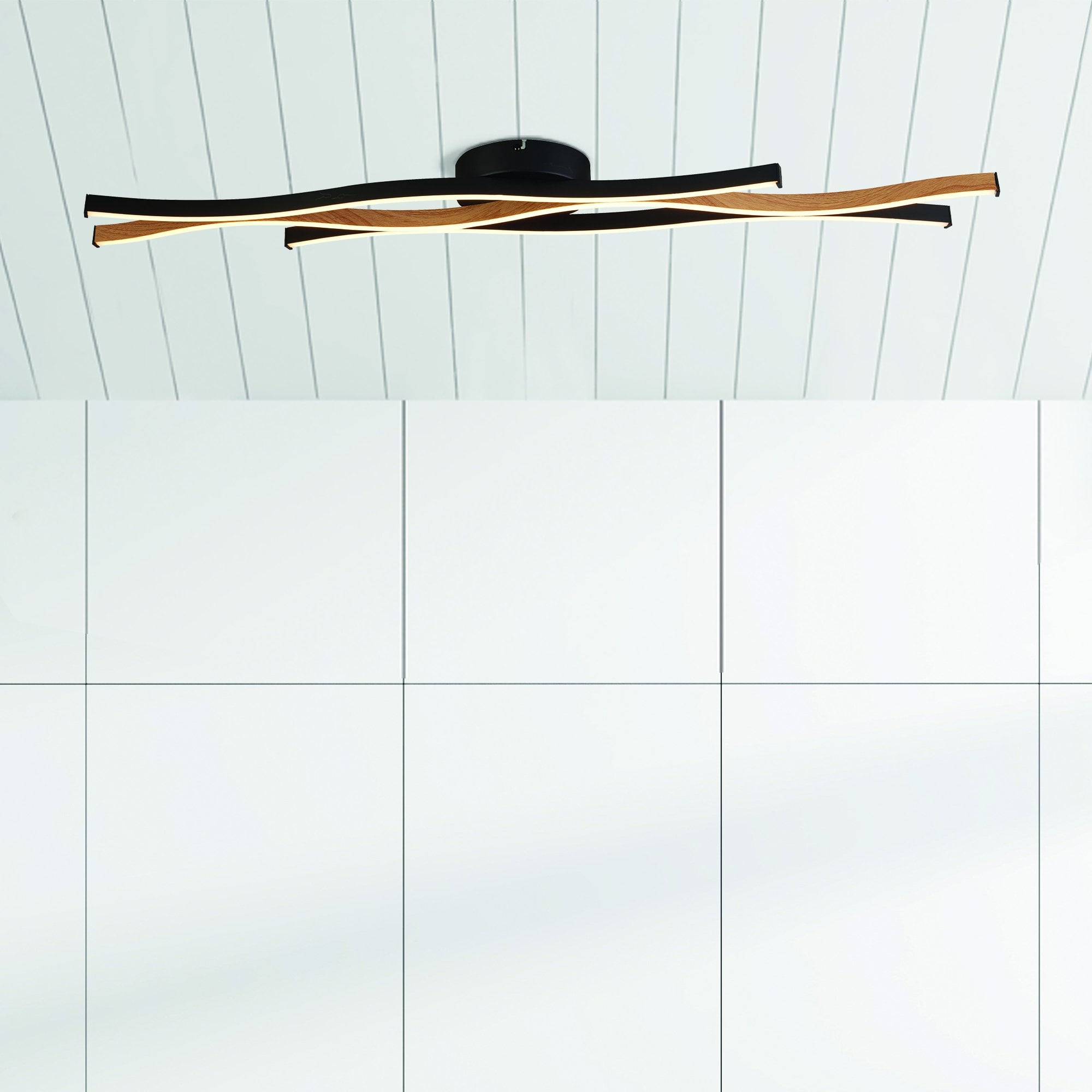 Searchlight Belmont Swirl LED Flush Ceiling Light - Black With Wood Effect