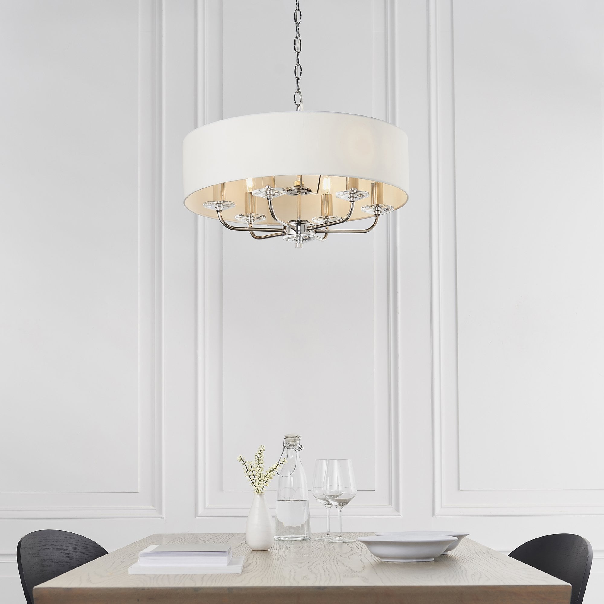 Endon Nixon 6 Light Pendant - Bright Nickel Plate & Vintage White Fabric