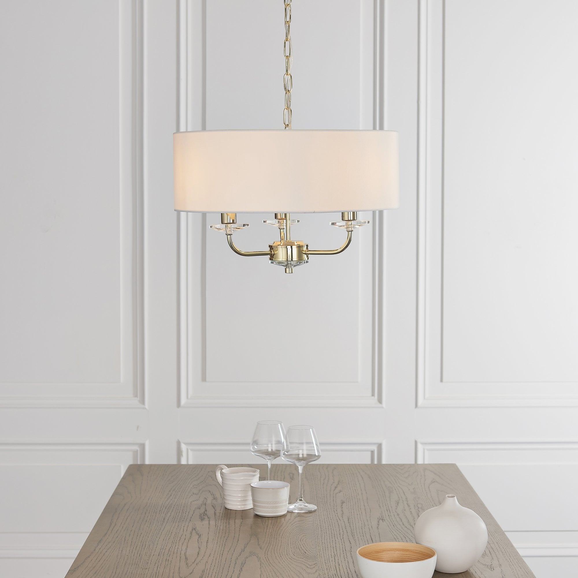 Endon Nixon 3 Light Pendant - Brass Plate & Vintage White Fabric