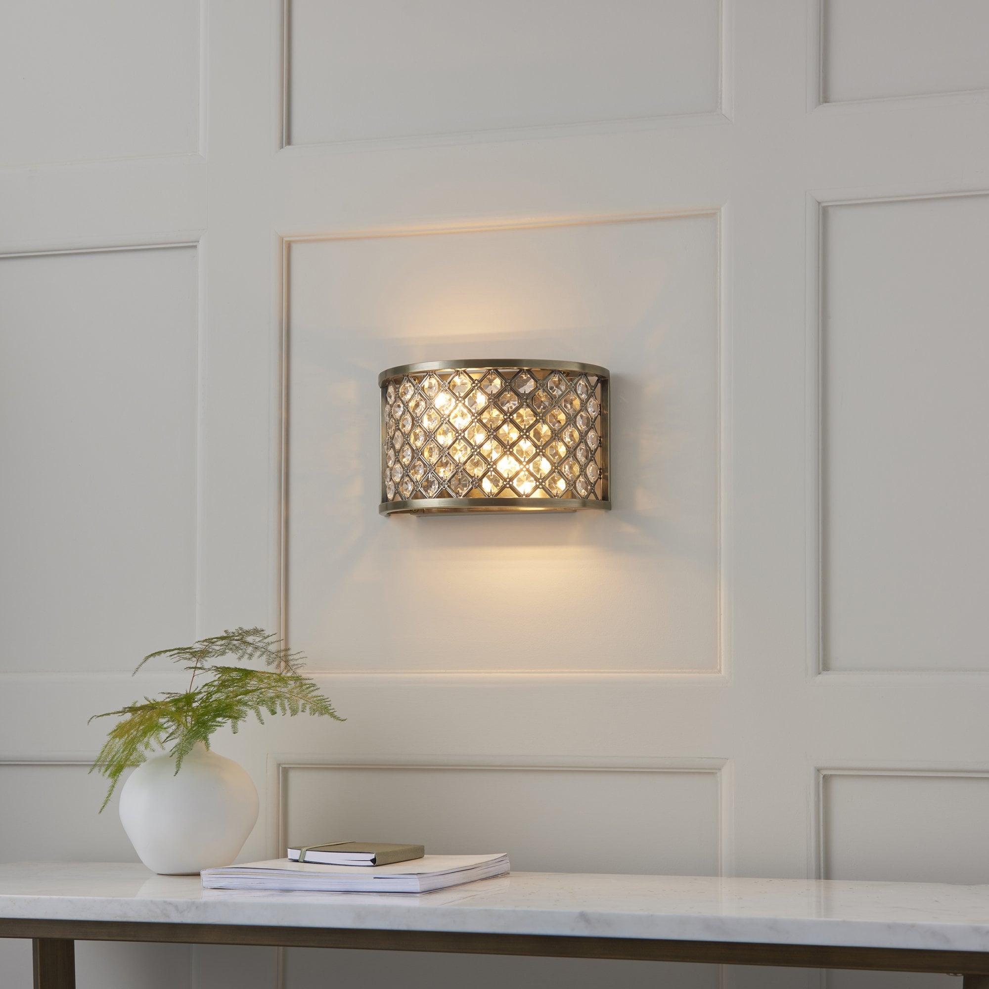 Endon Hudson 2 Light Wall Light - Antique Brass Plate & Clear Crystal