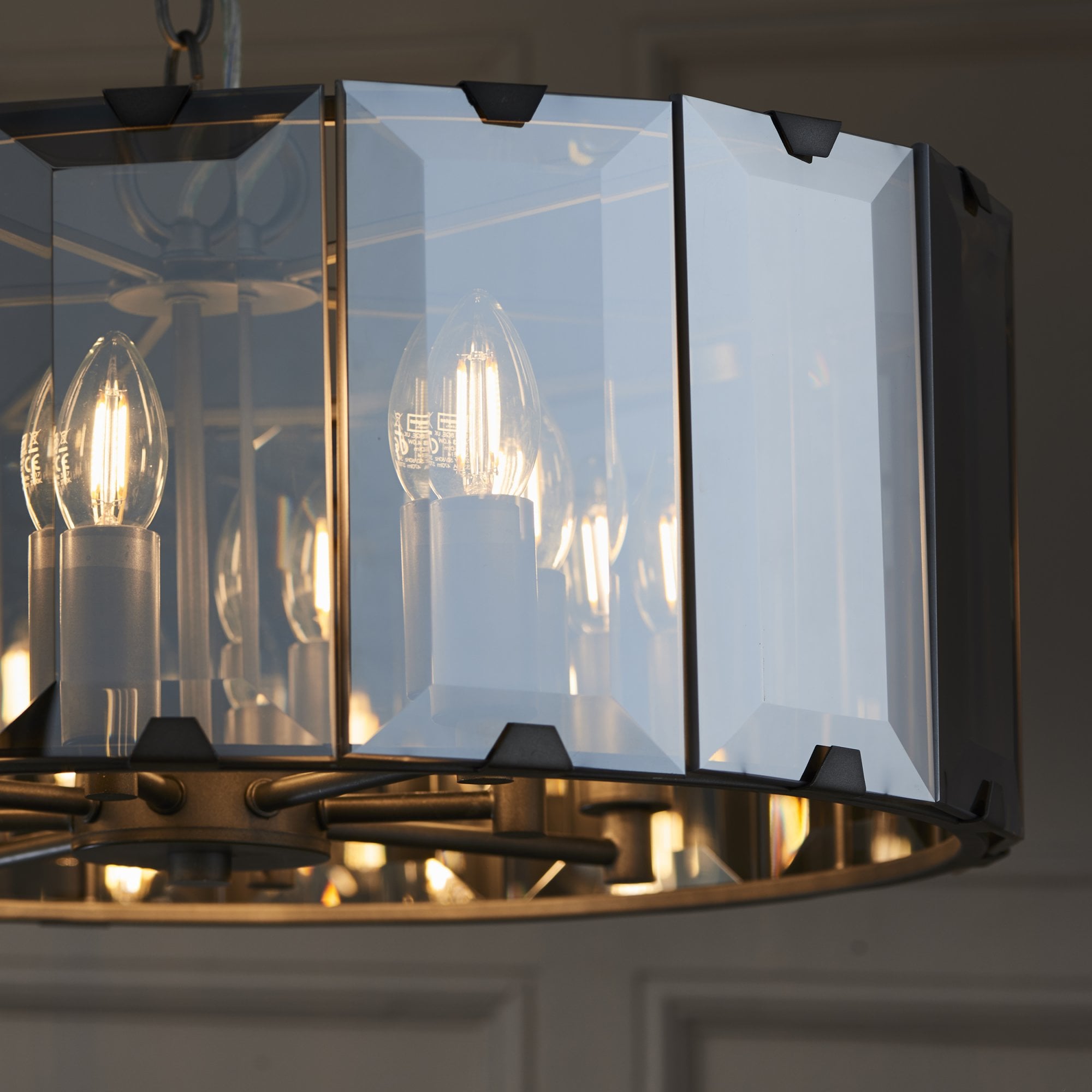Endon Clooney 8 Light Pendant - Matt Grey & Silver & Smoked Bevelled Glass