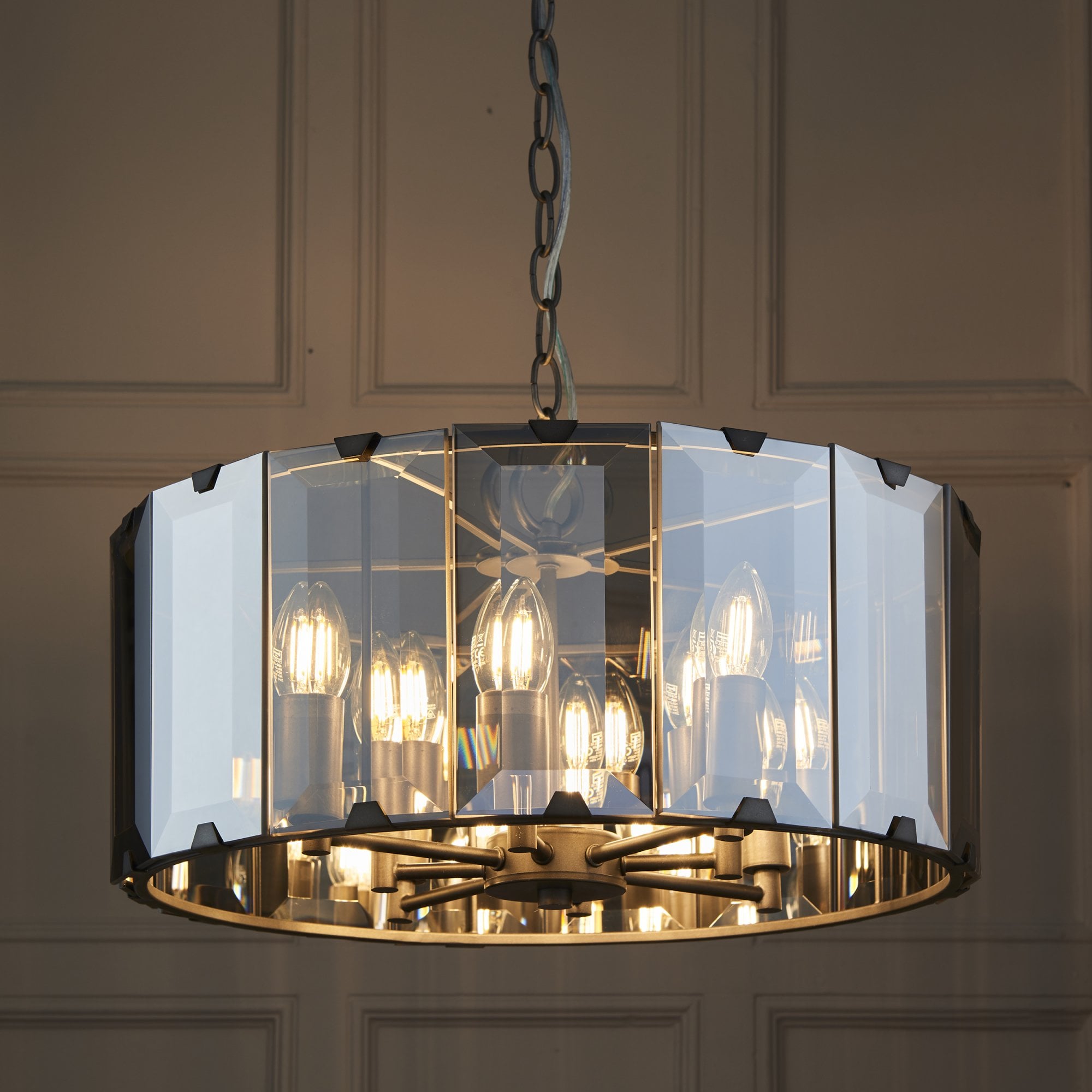 Endon Clooney 8 Light Pendant - Matt Grey & Silver & Smoked Bevelled Glass