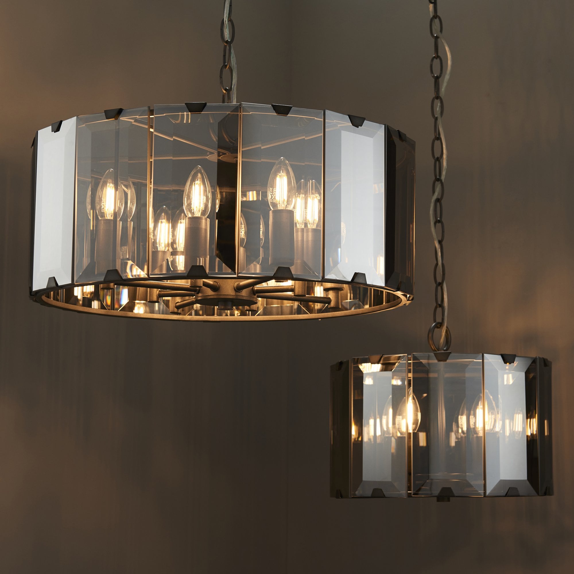 Endon Clooney 8 Light Pendant - Matt Grey & Silver & Smoked Bevelled Glass