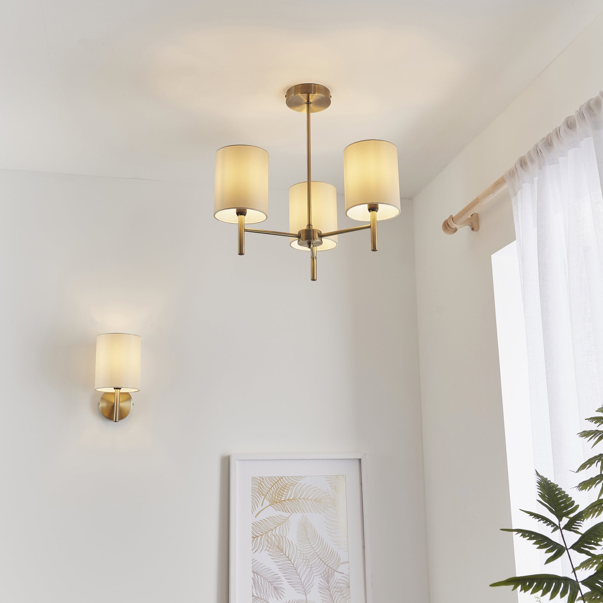 Endon Brio Single Light Wall Light - Antique Brass Plate & Cream Fabric