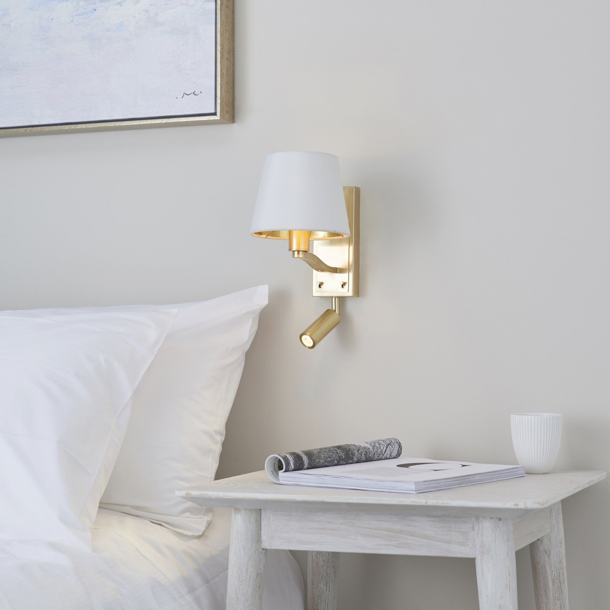Endon Harvey Single Light Wall Fitting & Spot Light - Brushed Gold & Vintage White Faux Silk