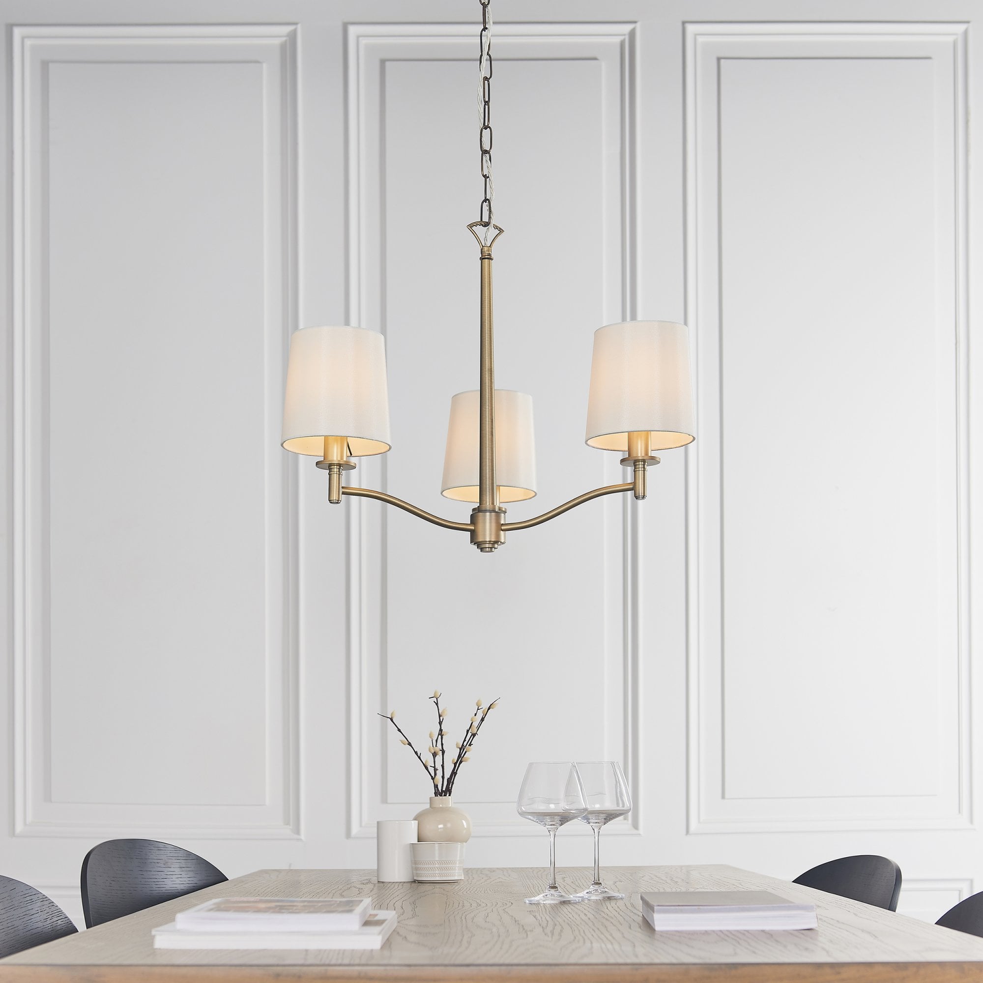 Endon Ortona 3 Light Pendant - Matt Antique Brass Plate & Vintage White Fabric