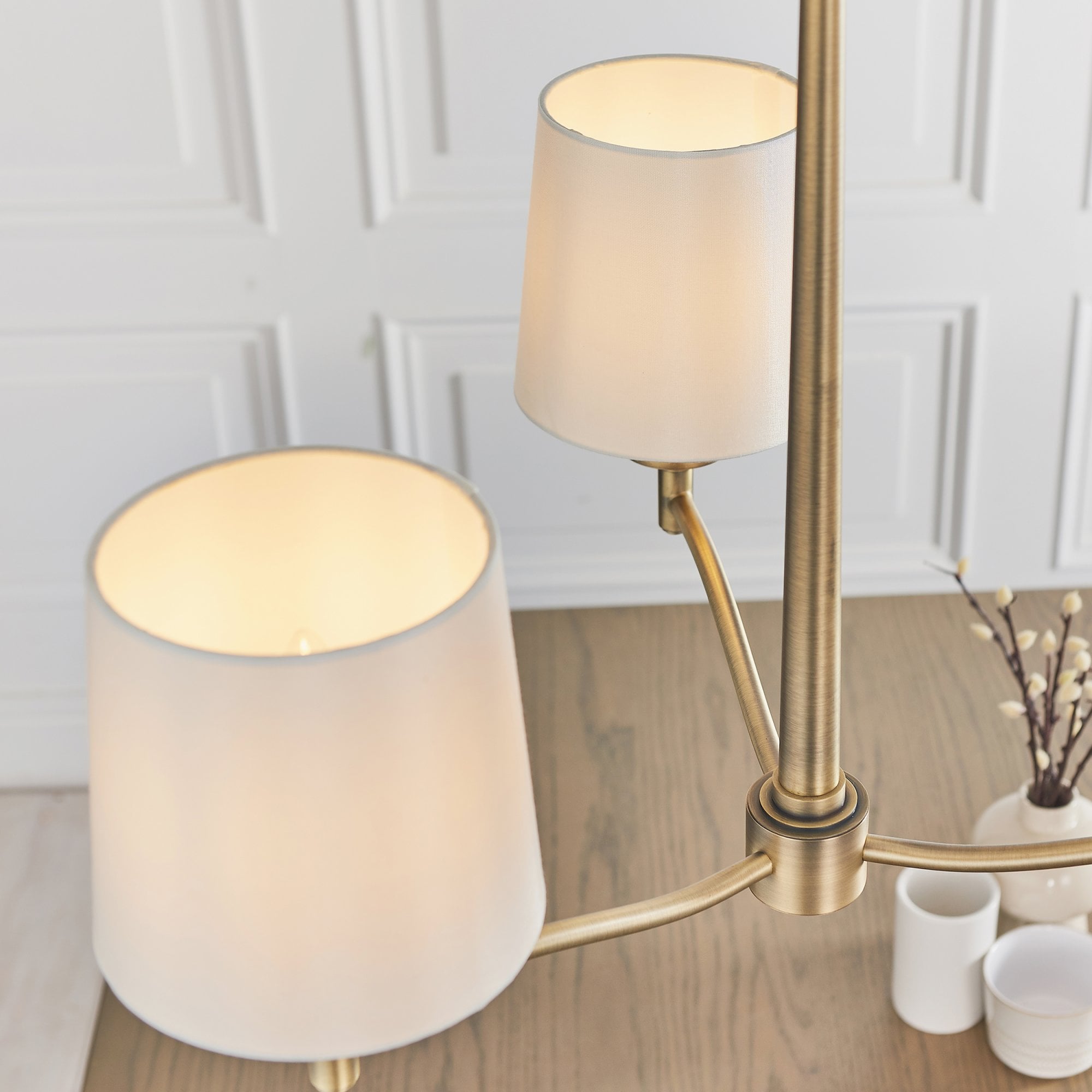 Endon Ortona 3 Light Pendant - Matt Antique Brass Plate & Vintage White Fabric