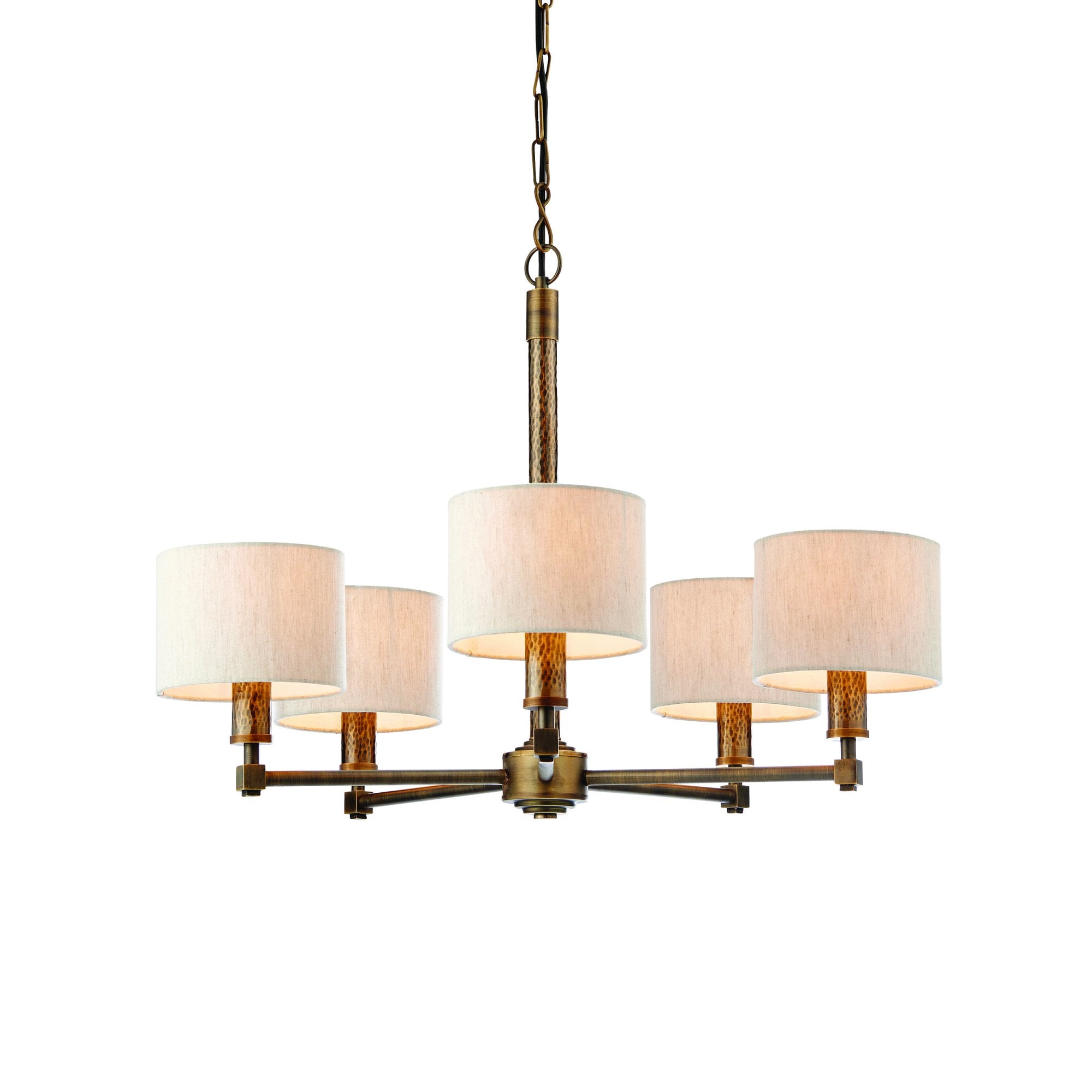 Endon Indara 5 Light Pendant - Hammered Bronze Plate & Neutral Linen Mix Fabric