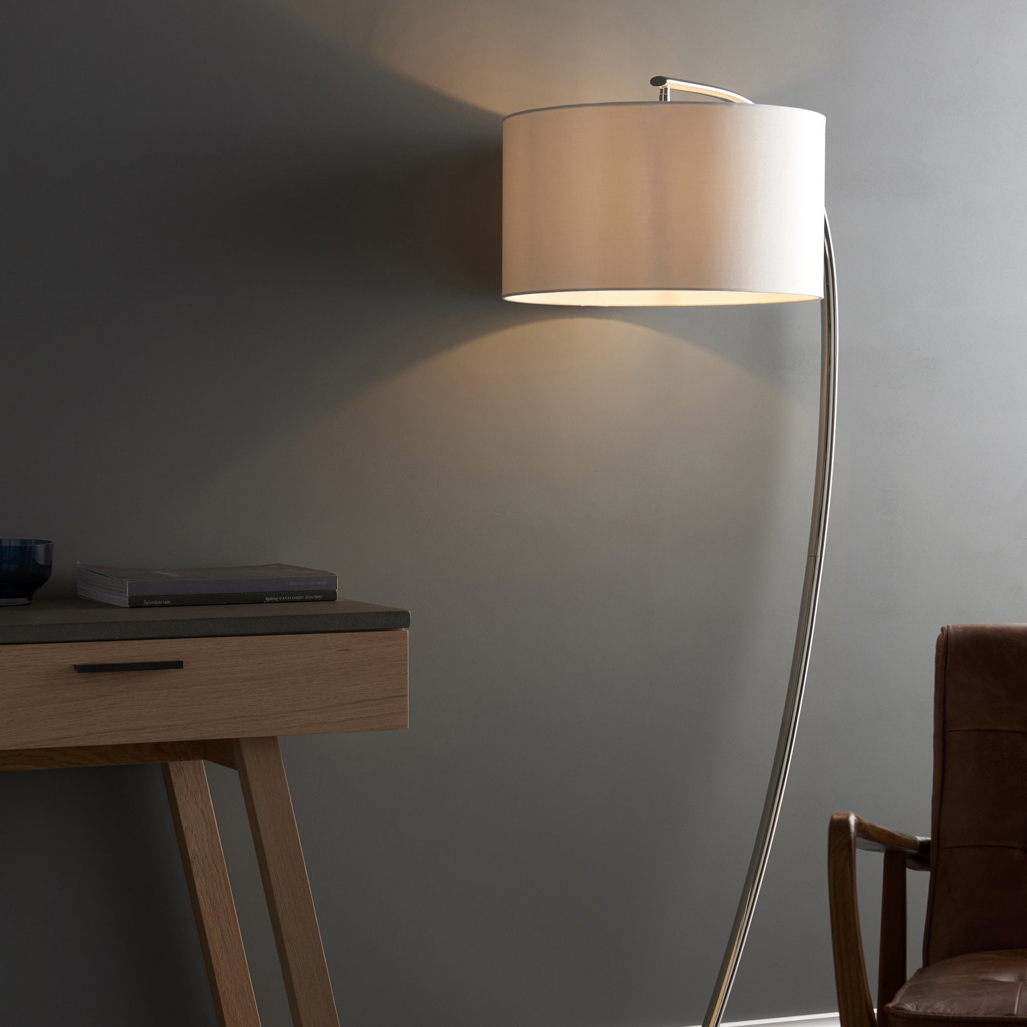Endon Josephine Single Light Floor Lamp - Bright Nickel Plate & Vintage White Fabric