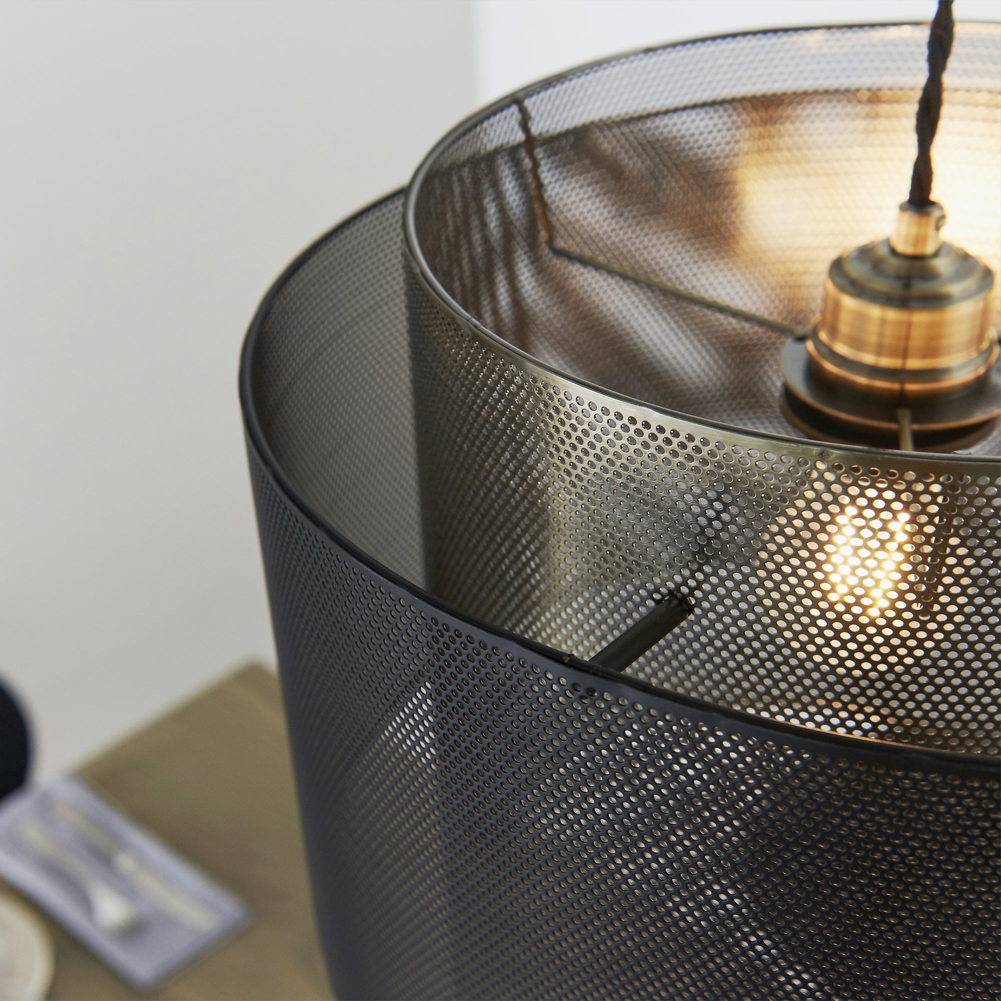 Endon Plexus Single Light Pendant Shade 250mm - Matt Black & Antique Brass Plate - Shade Only