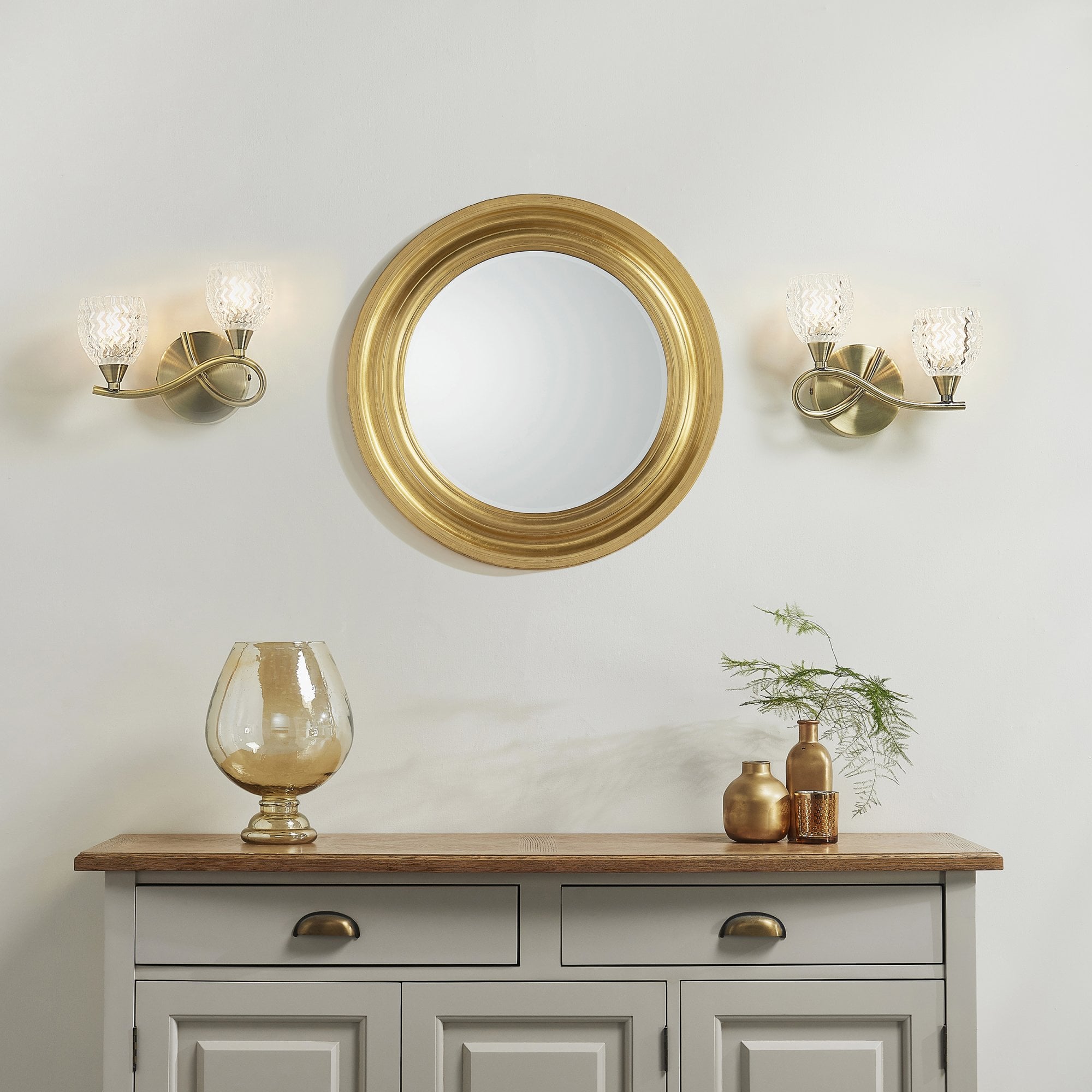 Endon Boyer 2 Light Left Wall Light - Antique Brass Plate & Clear Glass