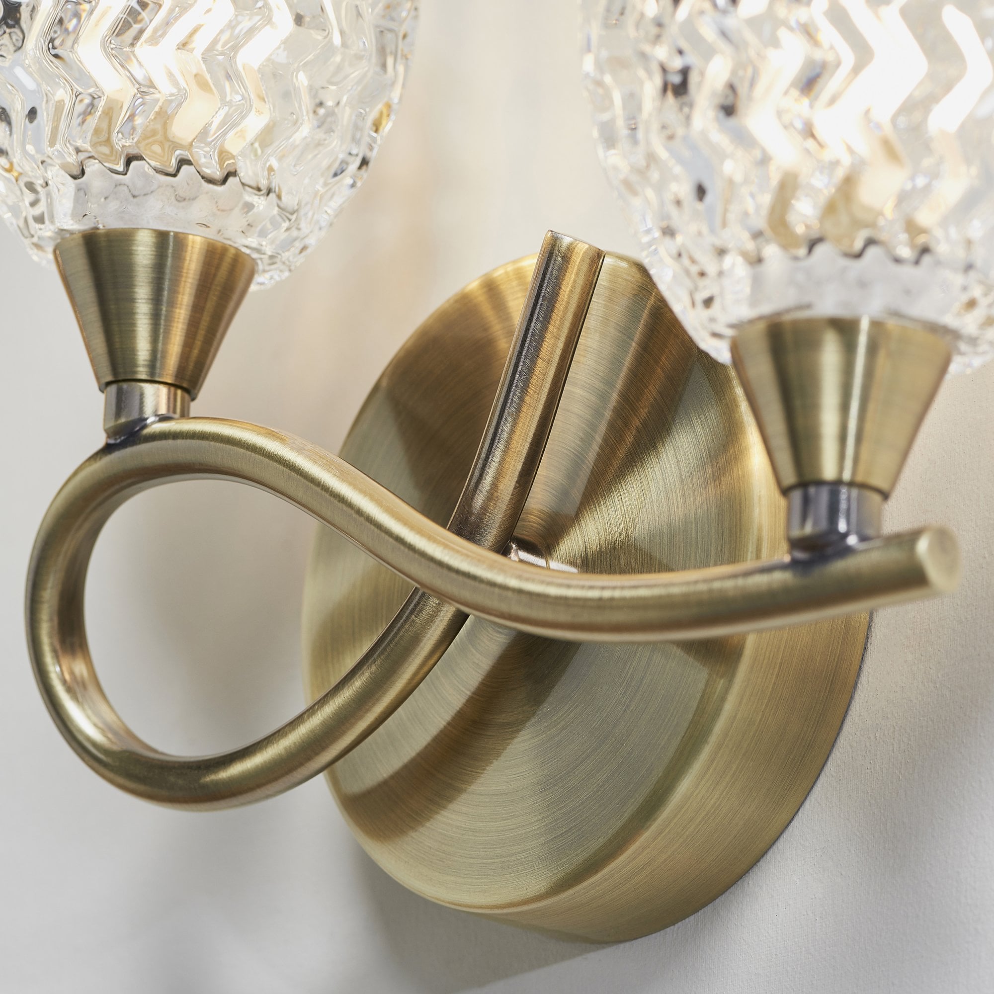 Endon Boyer 2 Light Left Wall Light - Antique Brass Plate & Clear Glass