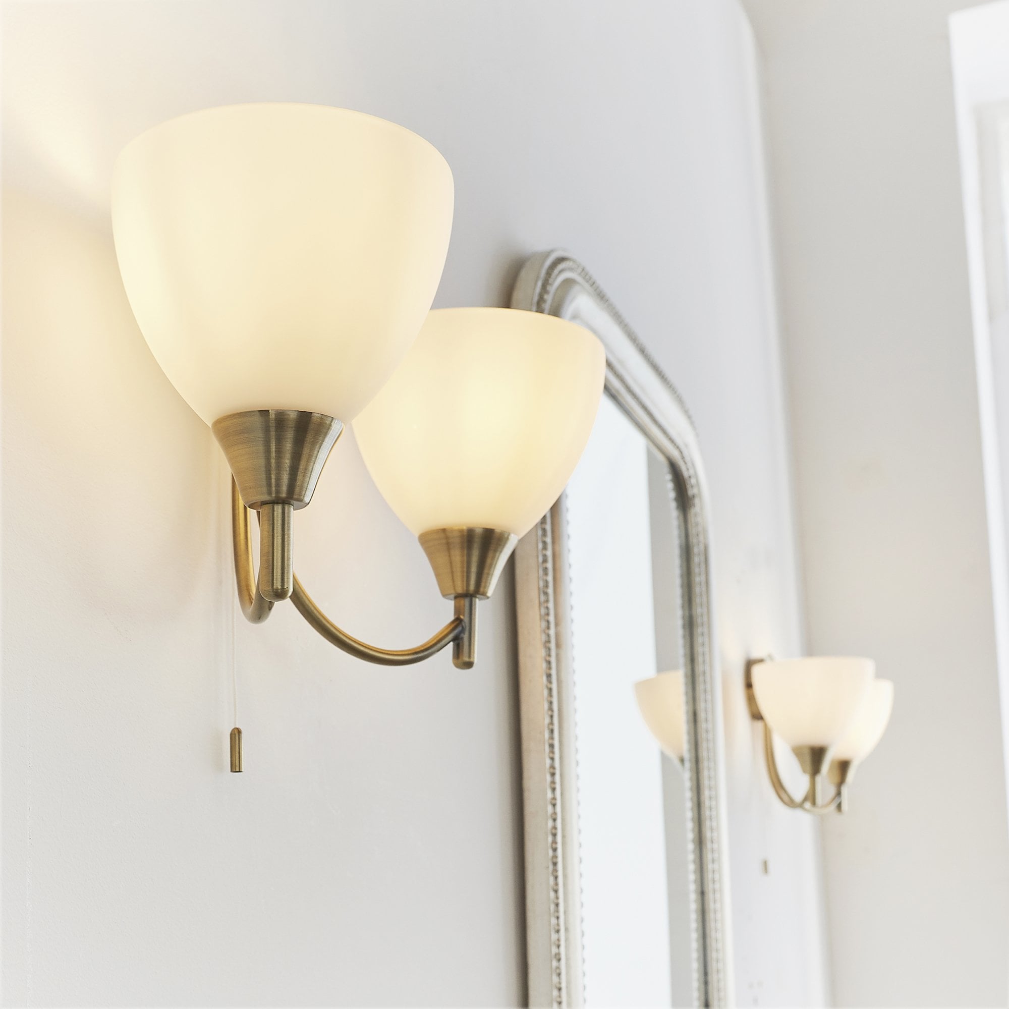 Endon Alton 2 Light Wall Light - Antique Brass Plate & Matt Opal Glass