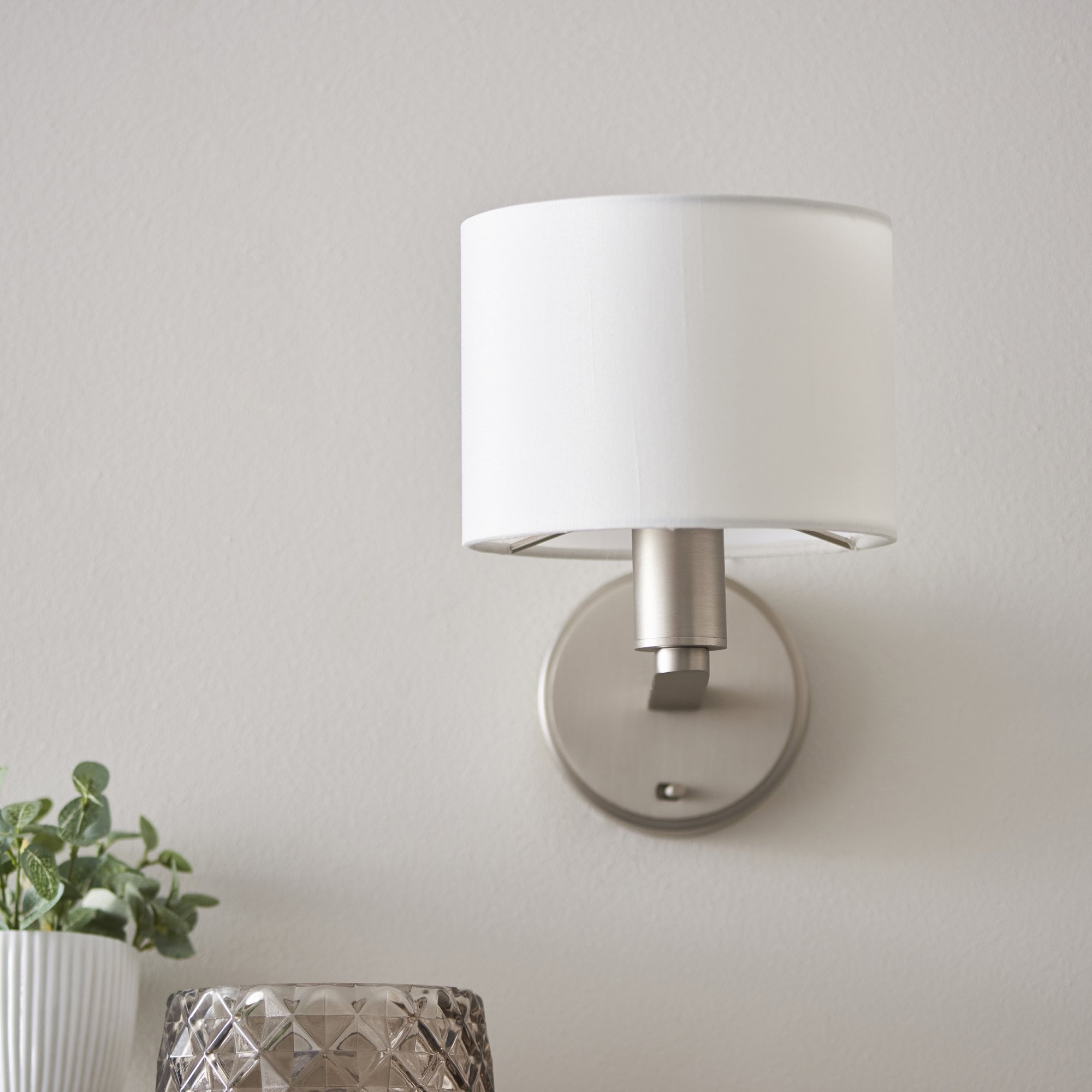 Endon Daley Single Wall Light - Matt Nickel & Vintage White Faux Silk