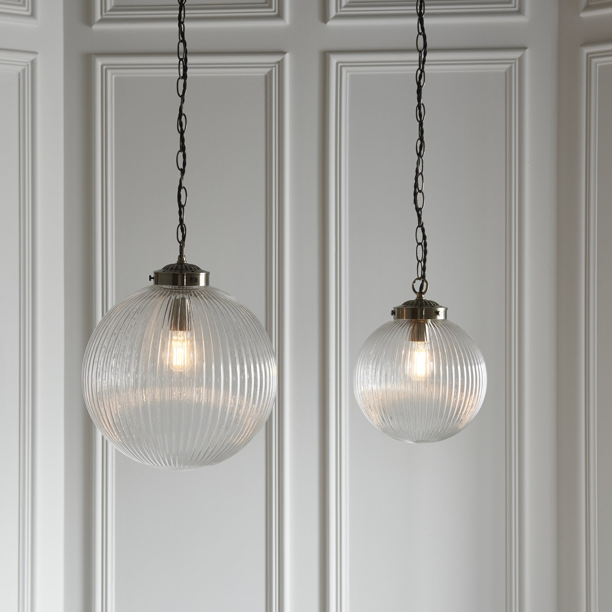 Endon Brydon Single Light Pendant 250mm - Antique Brass Plate & Clear Ribbed Glass