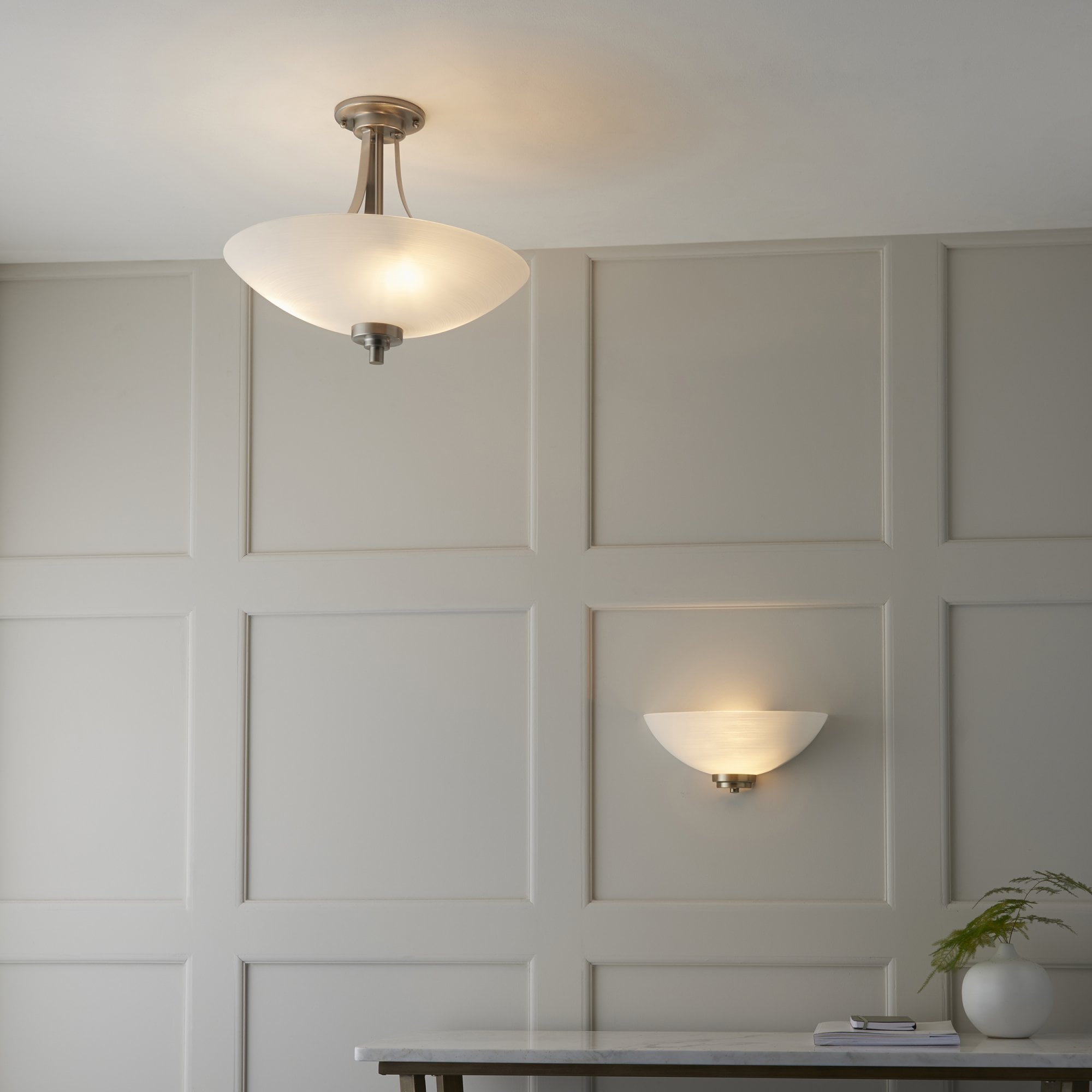 Endon Welles 3 Light Flush Fitting - Satin Chrome Plate & White Glass