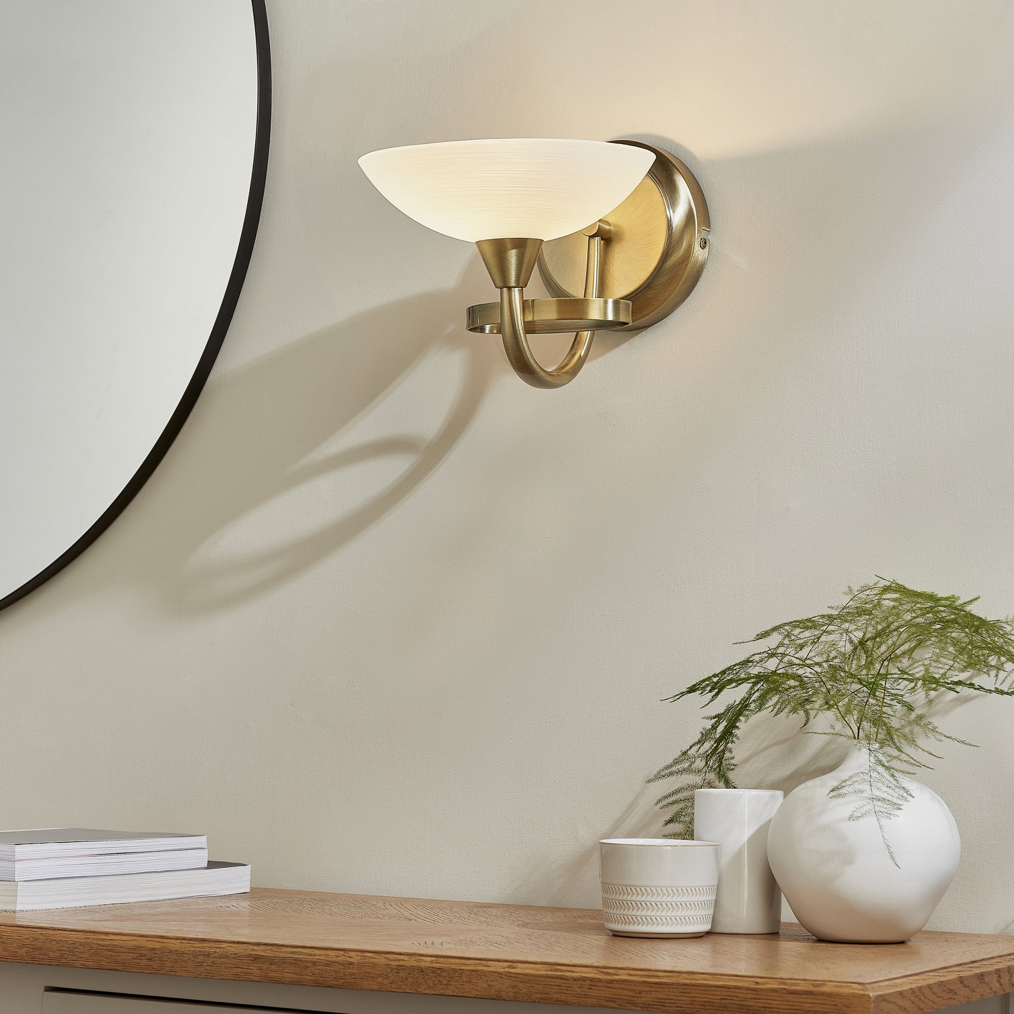 Endon Cagney Single Light Wall Light - Antique Brass Plate & White Glass