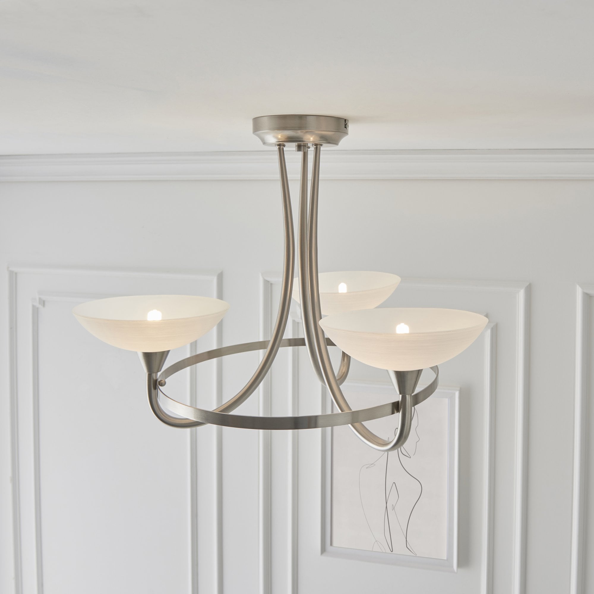 Endon Cagney 3 Light Semi Flush Fitting - Satin Chrome Plate & White Glass