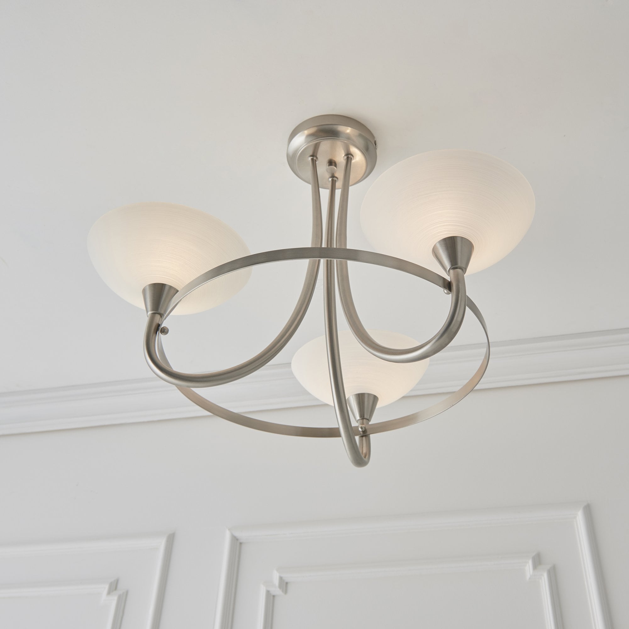 Endon Cagney 3 Light Semi Flush Fitting - Satin Chrome Plate & White Glass
