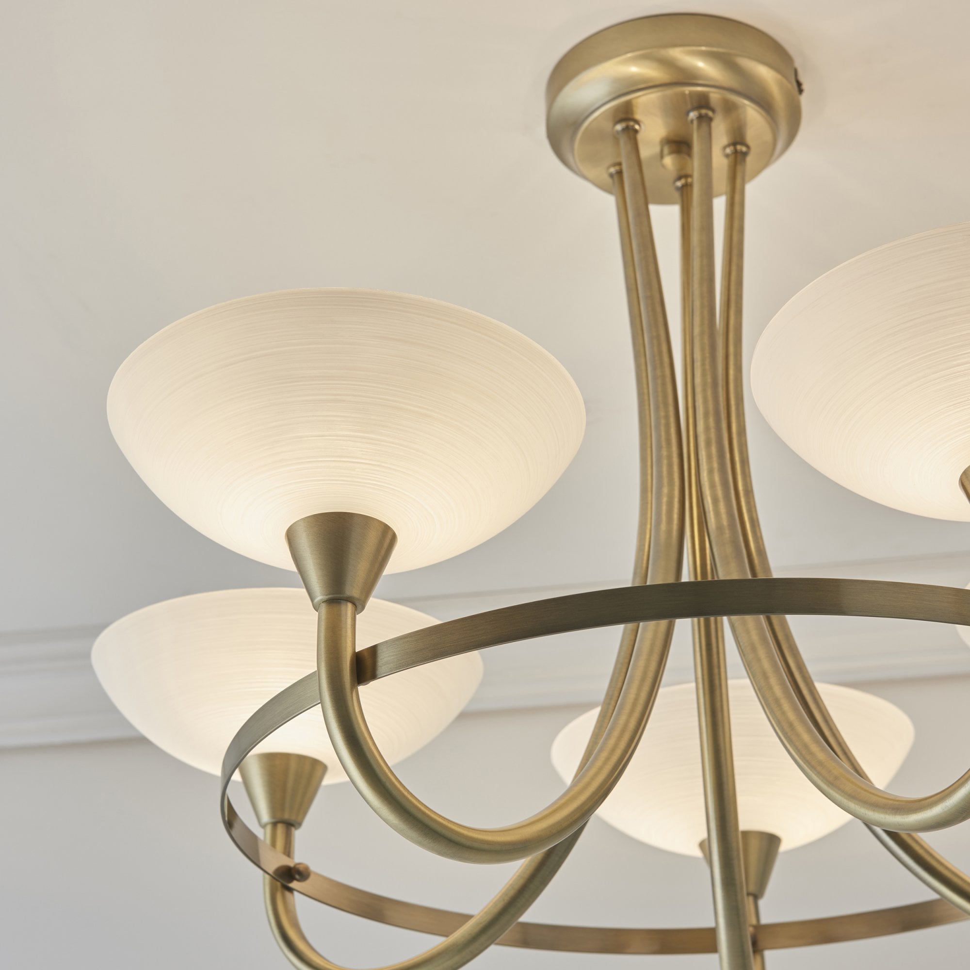Endon Cagney 5 Light Semi Flush Fitting - Antique Brass Plate & White Glass