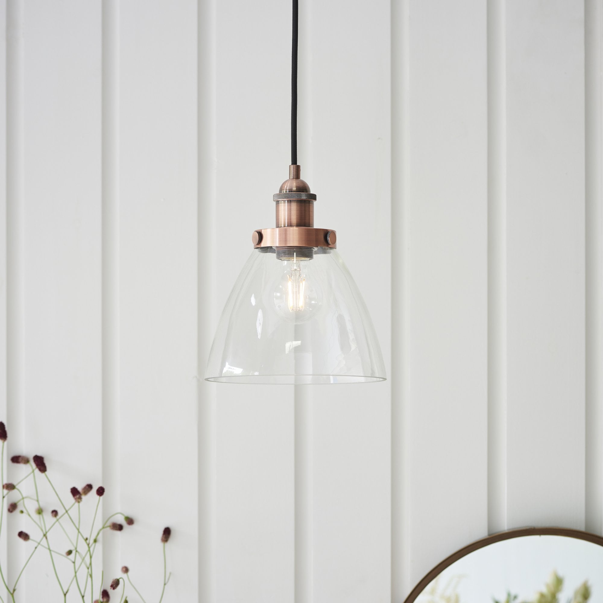 Endon Hansen Single Light Pendant  - Aged Copper Plate & Clear Glass