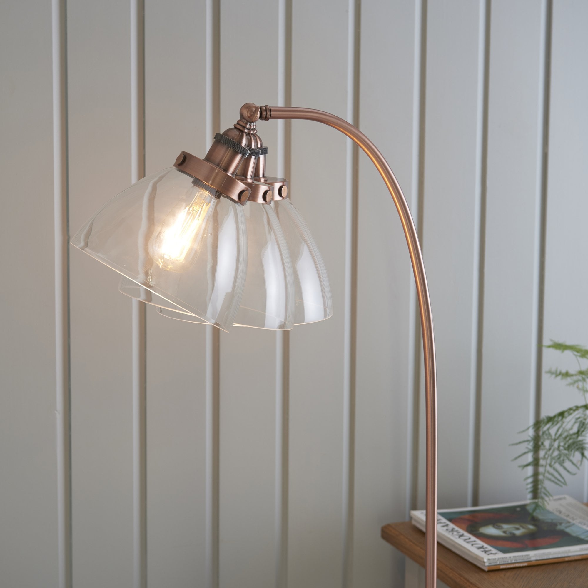 Endon Hansen Single Light Floor Lamp - Aged Copper Plate & Clear Glass