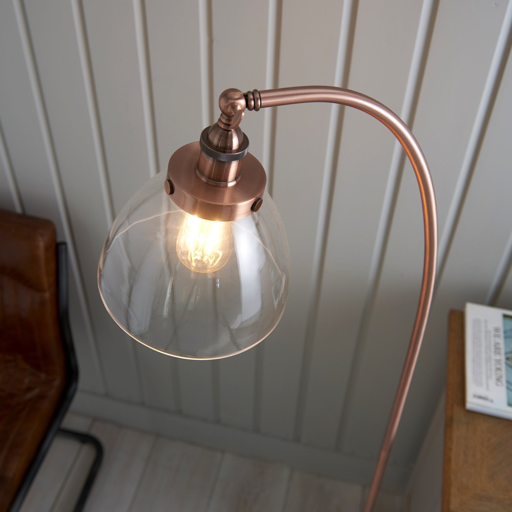 Endon Hansen Single Light Floor Lamp - Aged Copper Plate & Clear Glass
