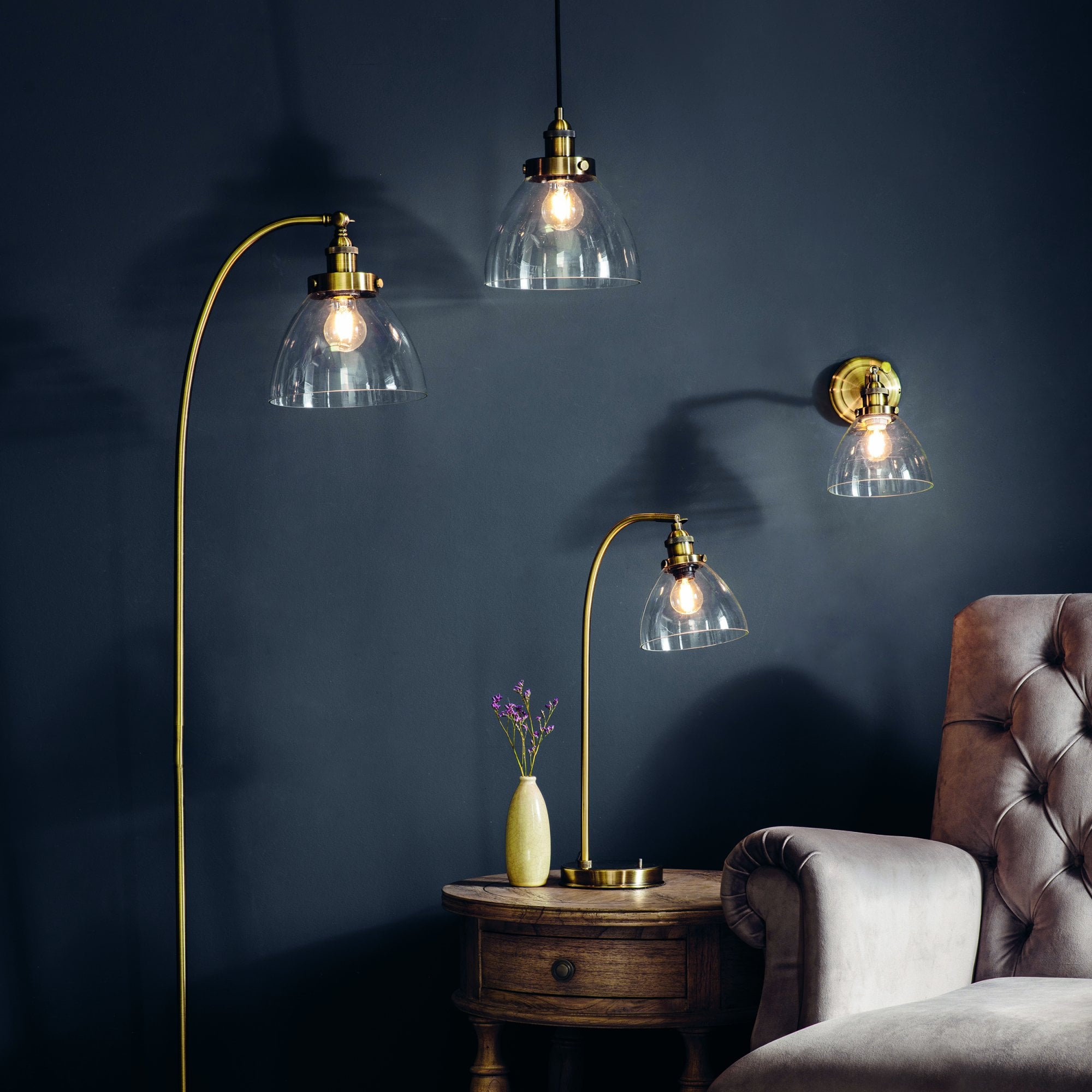 Endon Hansen Single Light Table Lamp - Antique Brass Plate & Clear Glass