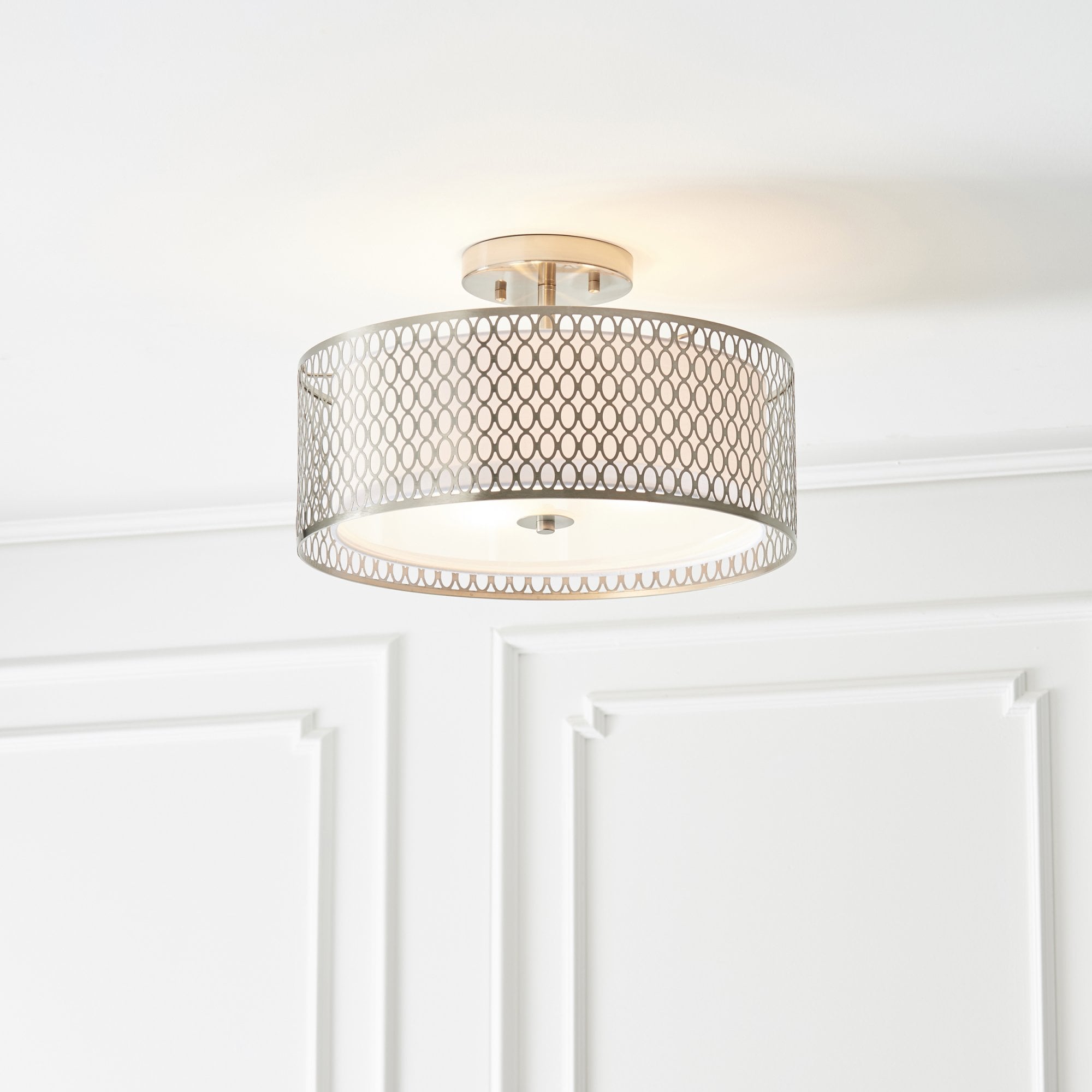 Endon Cordero 3 Light Flush Fitting - Satin Nickel Plate & White Fabric