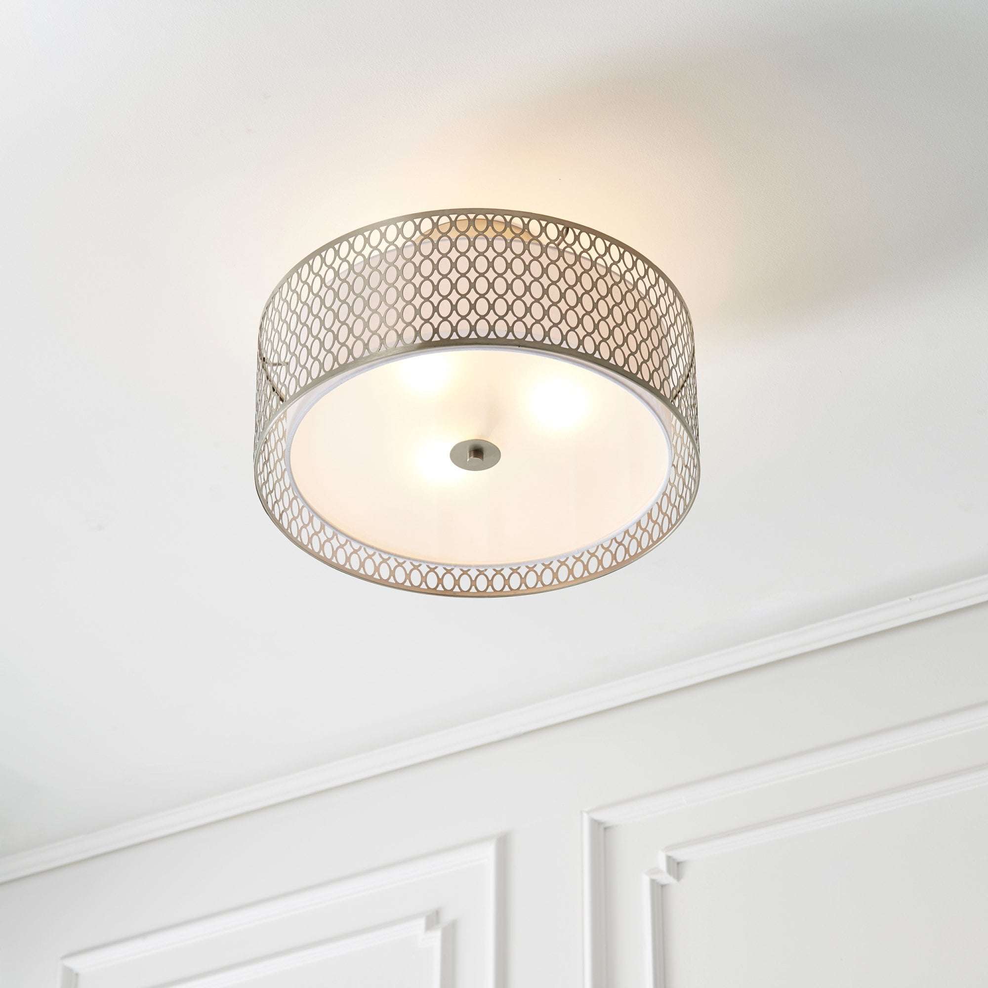 Endon Cordero 3 Light Flush Fitting - Satin Nickel Plate & White Fabric