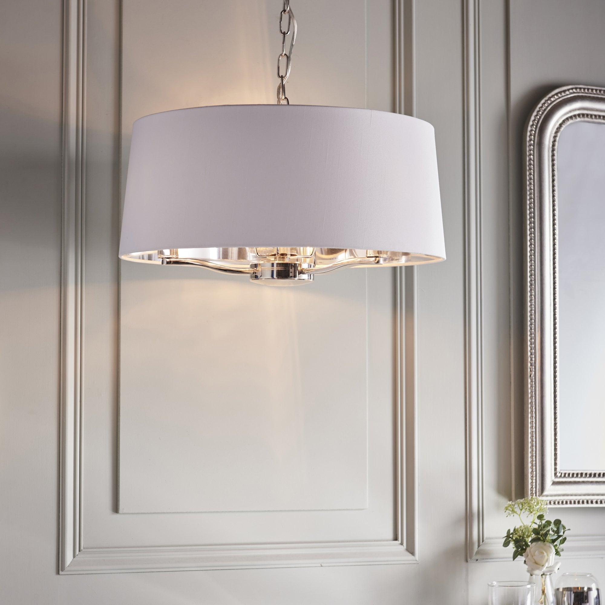 Endon Harvey 3 Light Pendant - Bright Nickel Plate & Vintage White Fabric