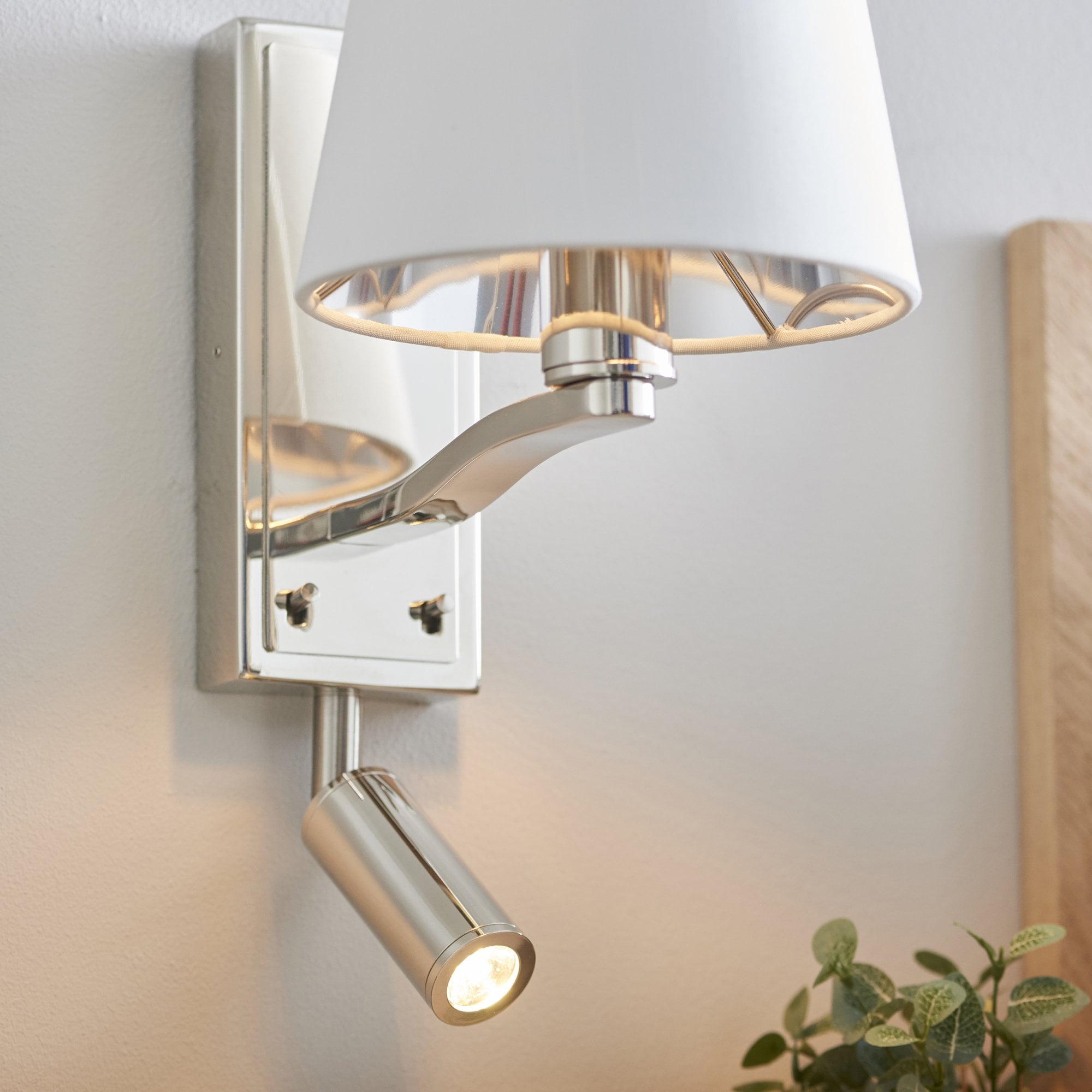 Endon Harvey Single Light Wall Light - Bright Nickel Plate & Vintage White Fabric & Reading Light