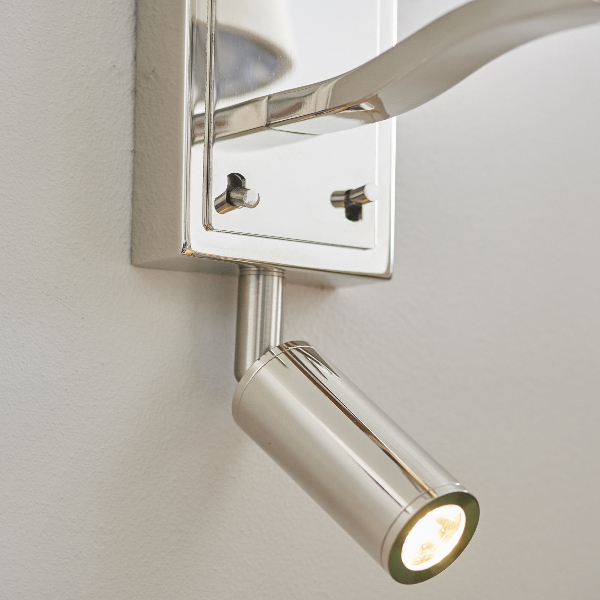 Endon Harvey Single Light Wall Light - Bright Nickel Plate & Vintage White Fabric & Reading Light