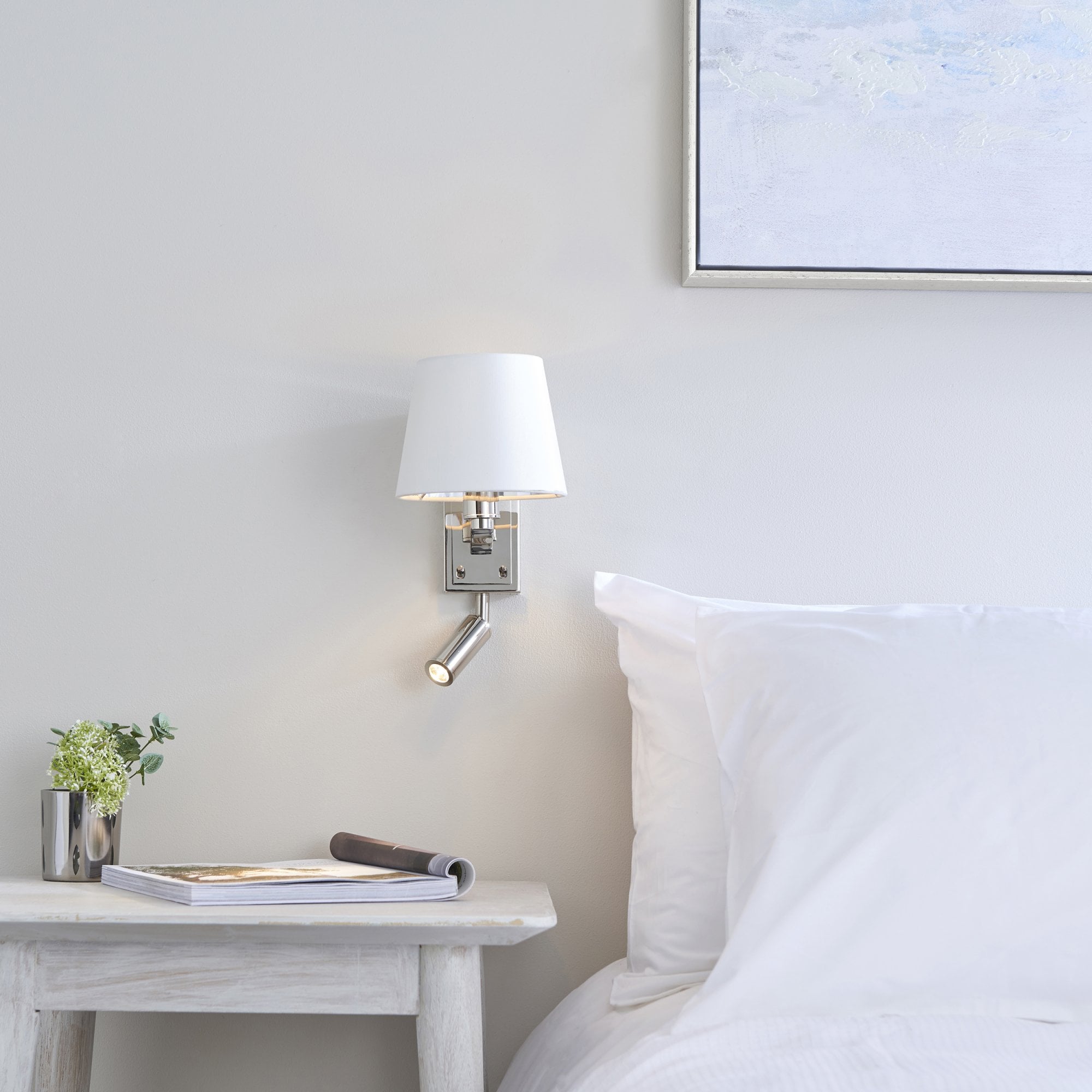 Endon Harvey Single Light Wall Light - Bright Nickel Plate & Vintage White Fabric & Reading Light
