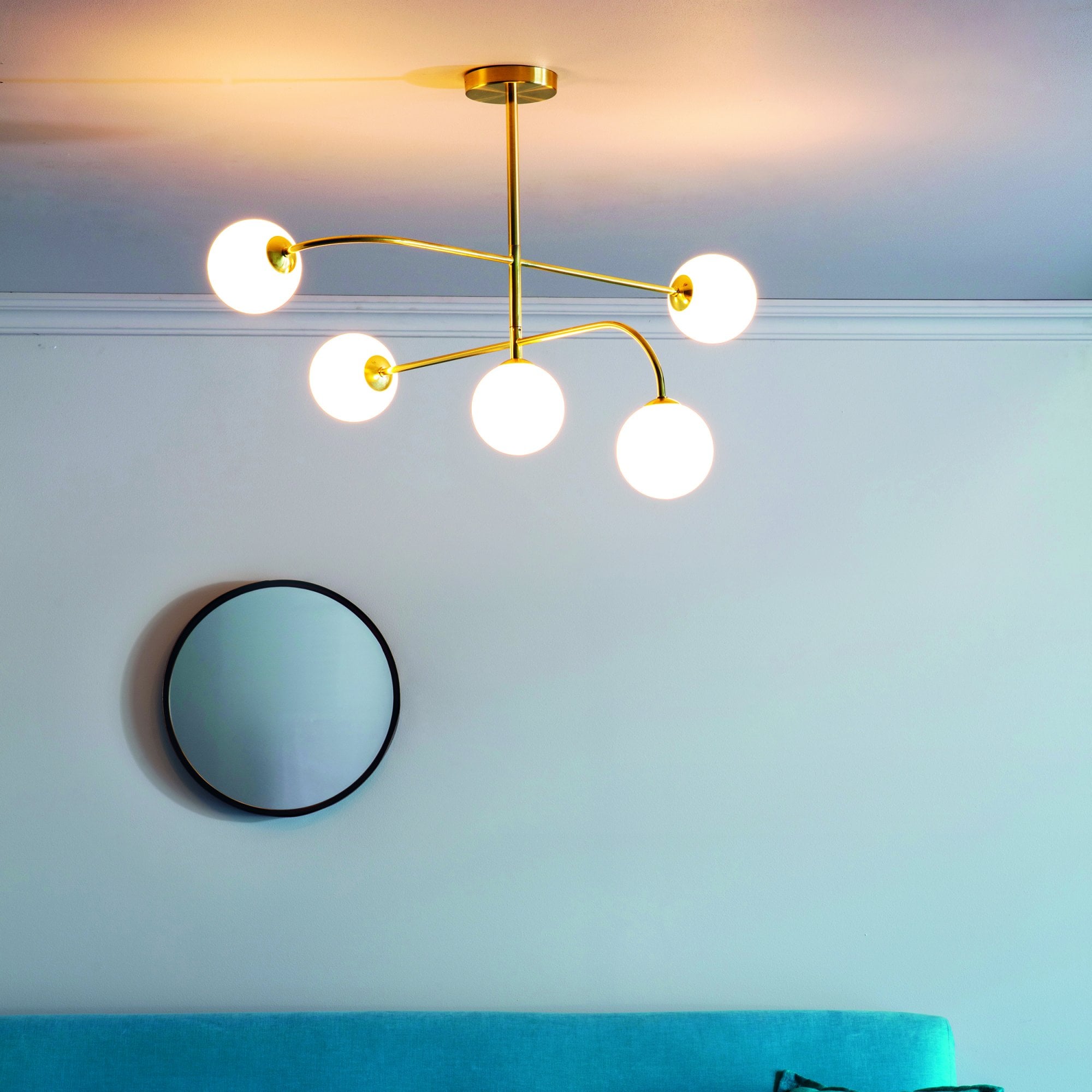 Endon Otto 5 Light Semi Flush Fitting - Satin Brass Plate & Opal Glass