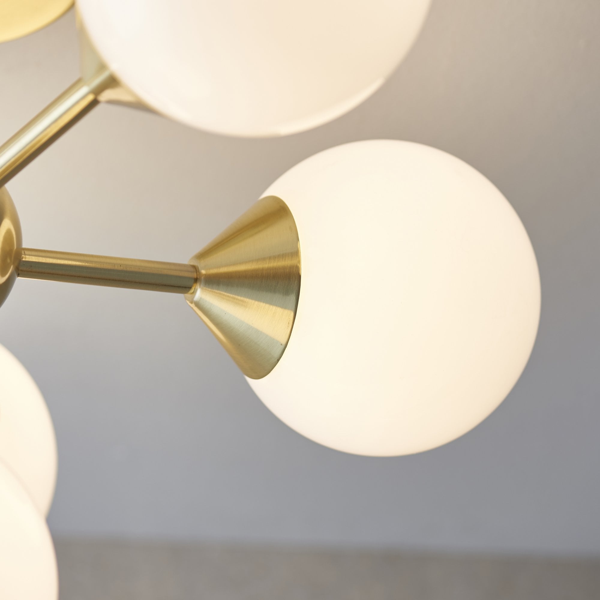 Endon Oscar 6 Light Semi Flush Fitting - Satin Brass Plate & Gloss White Glass