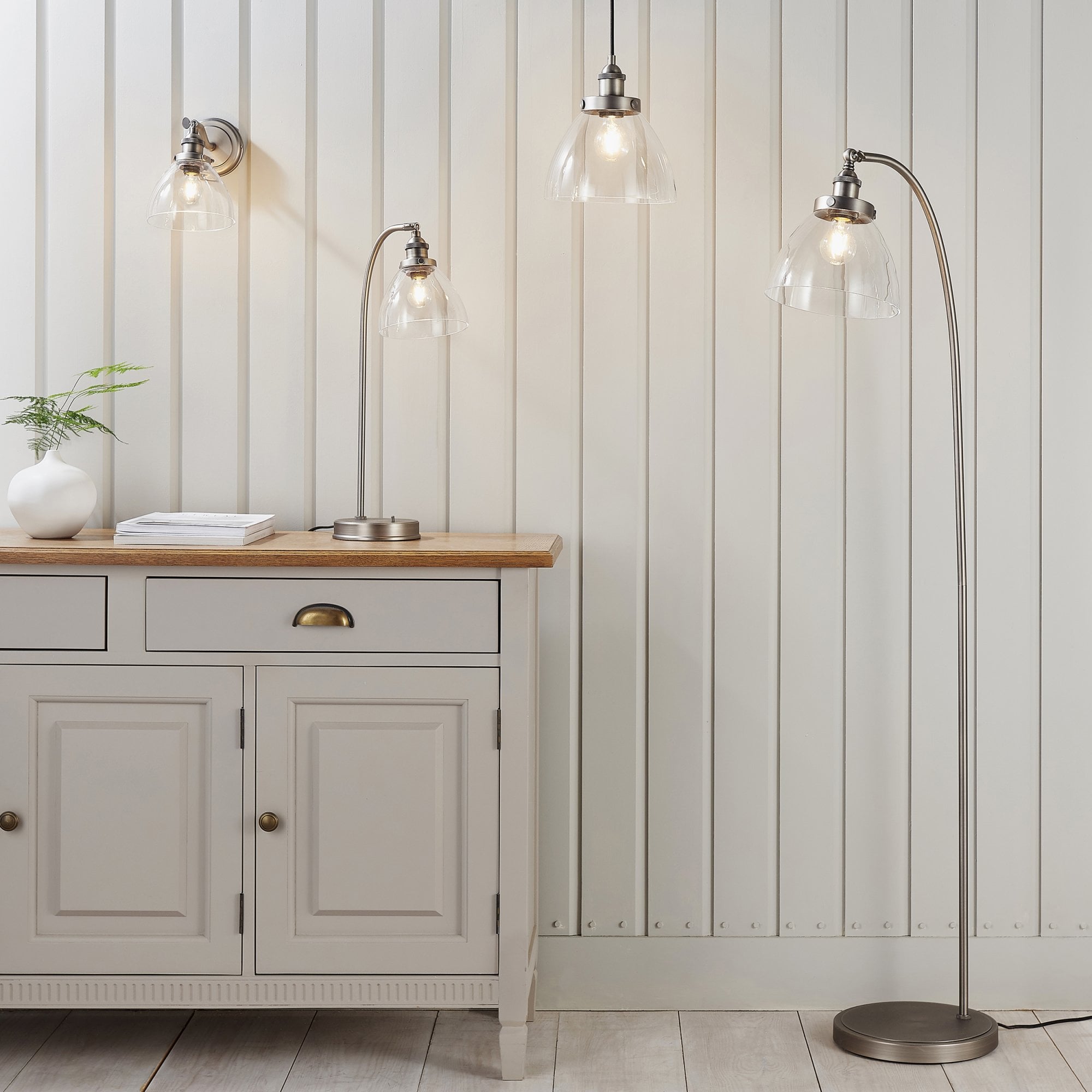 Endon Hansen Single Light Floor Lamp - Brushed Silver Paint & Clear Glass