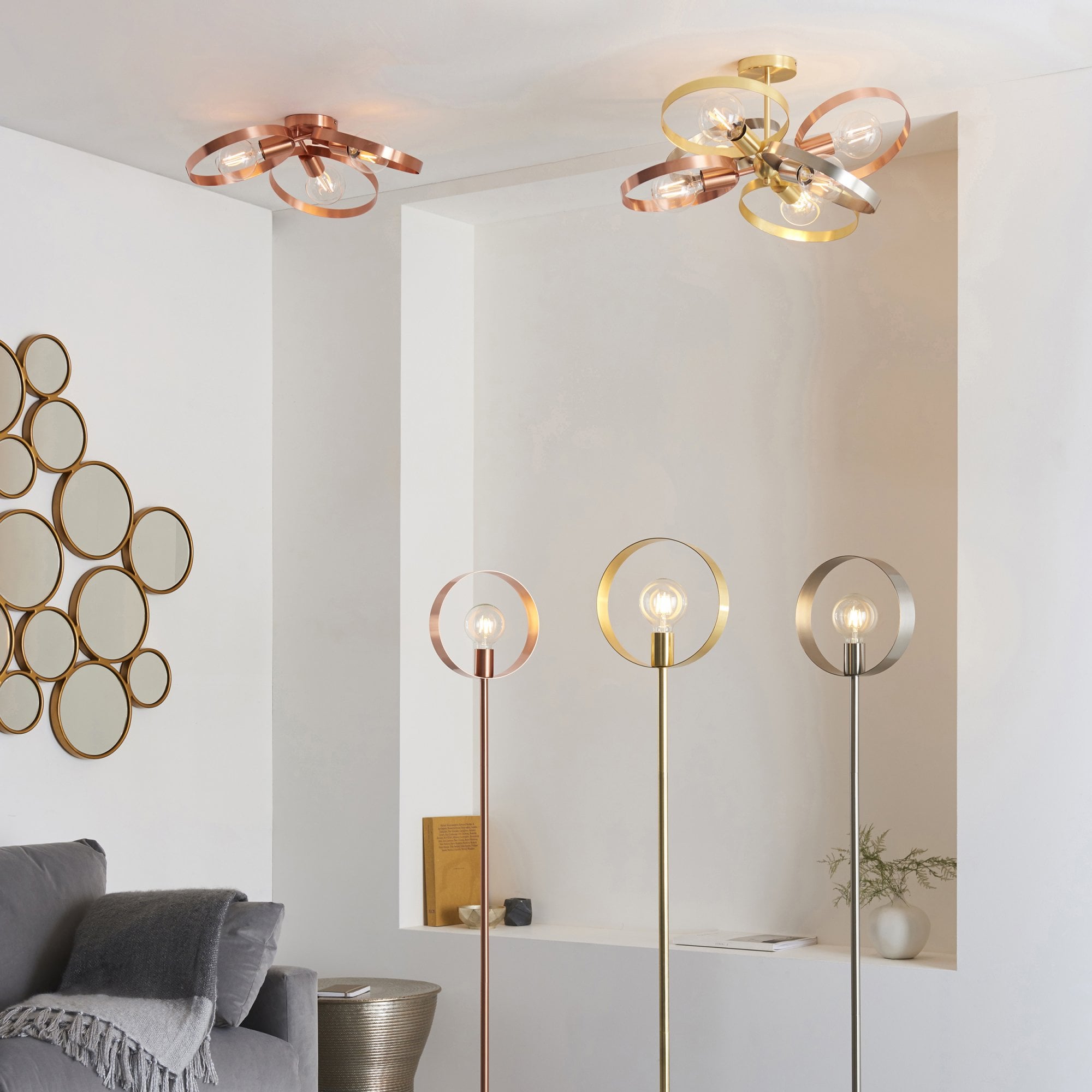 Endon Hoop 6 Light Semi Flush Fitting - Satin Brass & Brushed Copper Plate