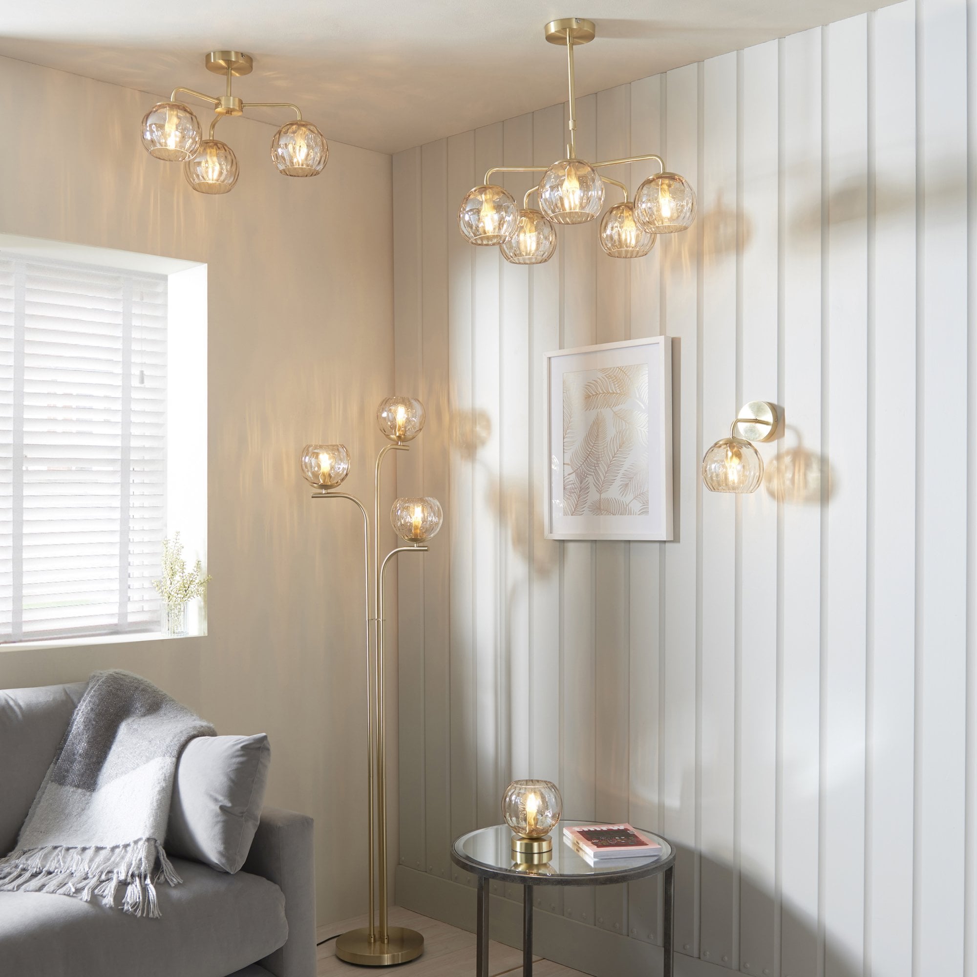 Endon Dimple 3 Light Semi Flush Fitting - Satin Brass Plate & Champagne Lustre Glass