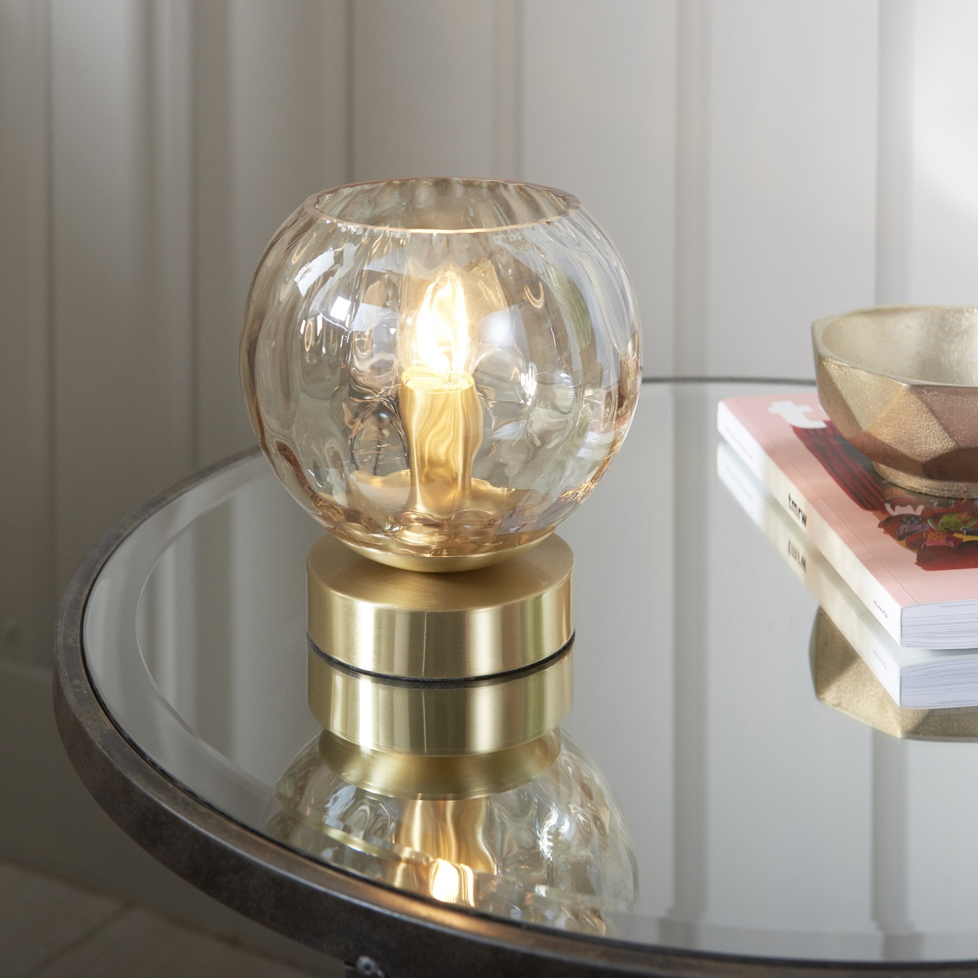 Endon Dimple Single Light Table Lamp - Satin Brass Plate & Champagne Lustre Glass