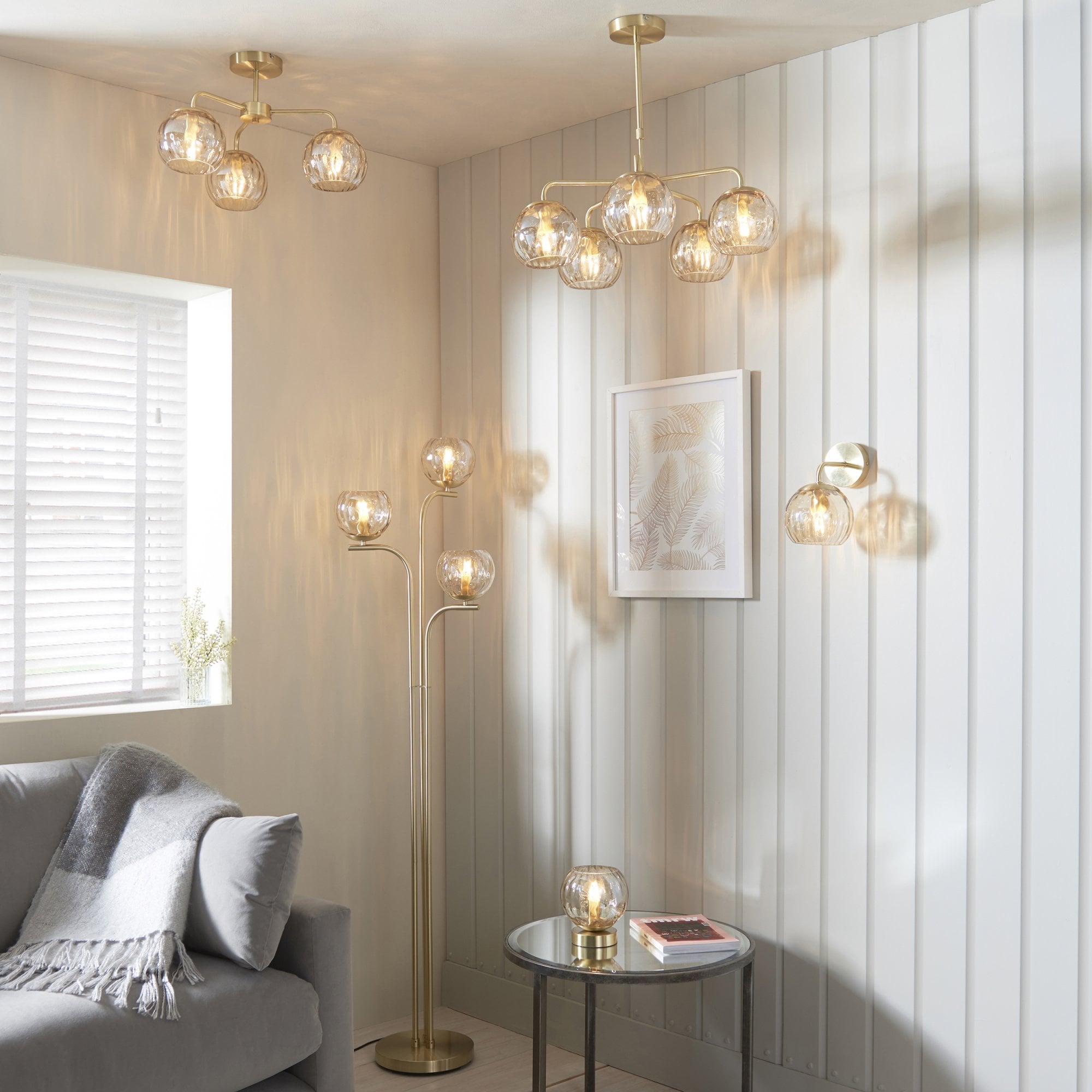 Endon Dimple 3 Light Floor Lamp - Satin Brass Plate & Champagne Lustre Glass