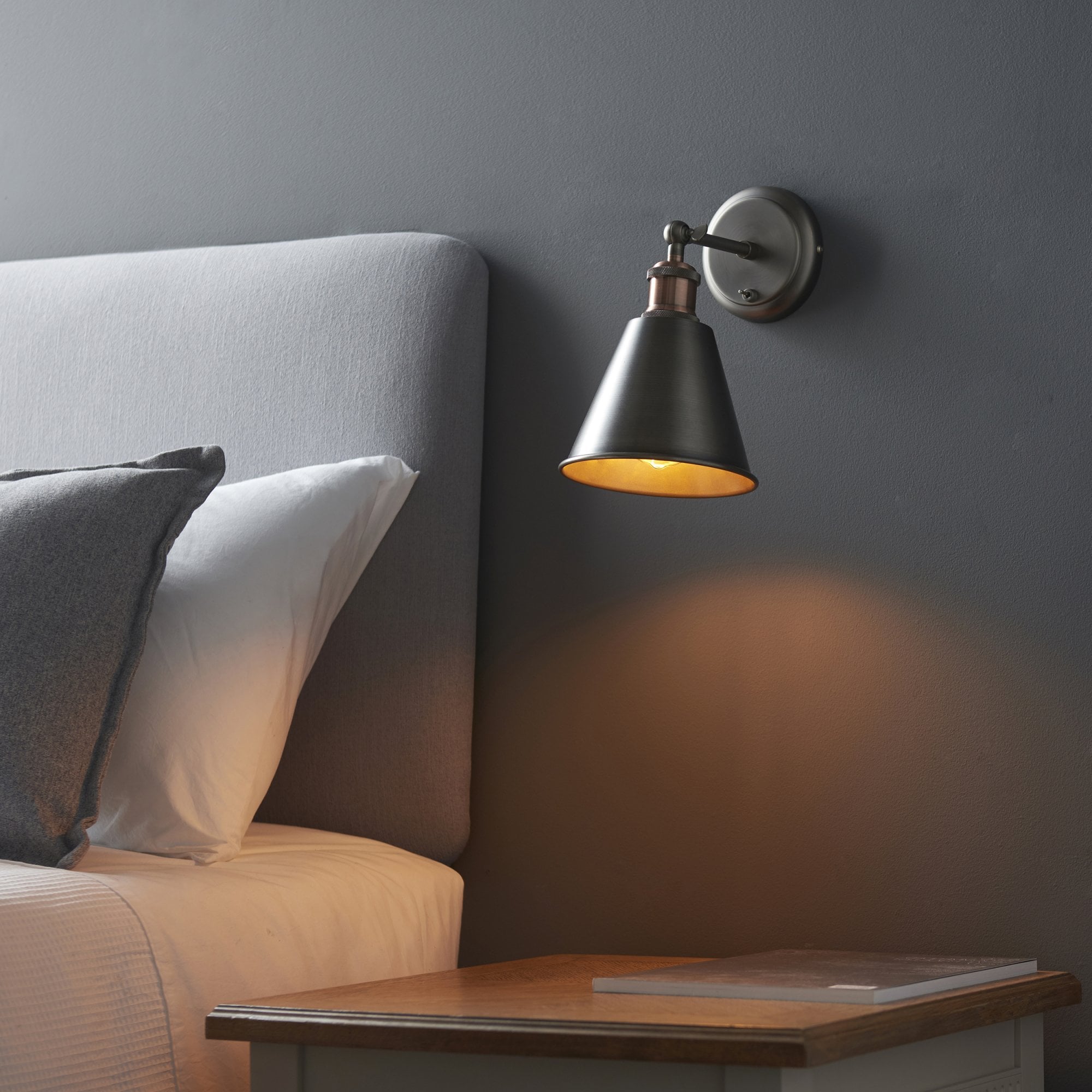 Endon Hal Single Light Wall Light with Shade - Aged Pewter & Aged Copper Plate