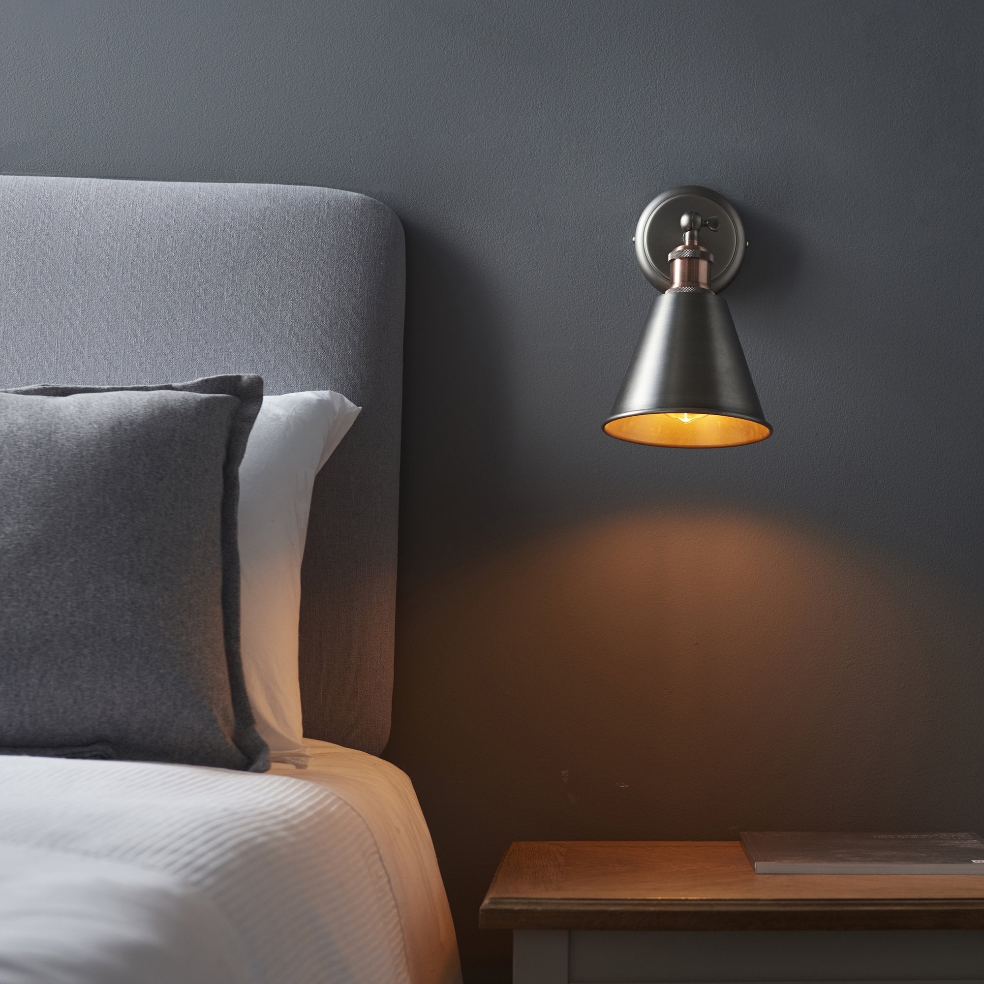 Endon Hal Single Light Wall Light with Shade - Aged Pewter & Aged Copper Plate