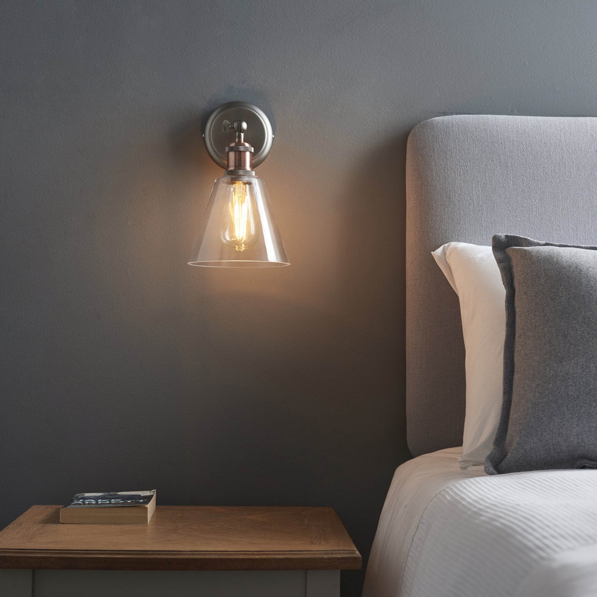 Endon Hal Single Light Wall Light with Glass Shade - Aged Pewter & Aged Copper Plate