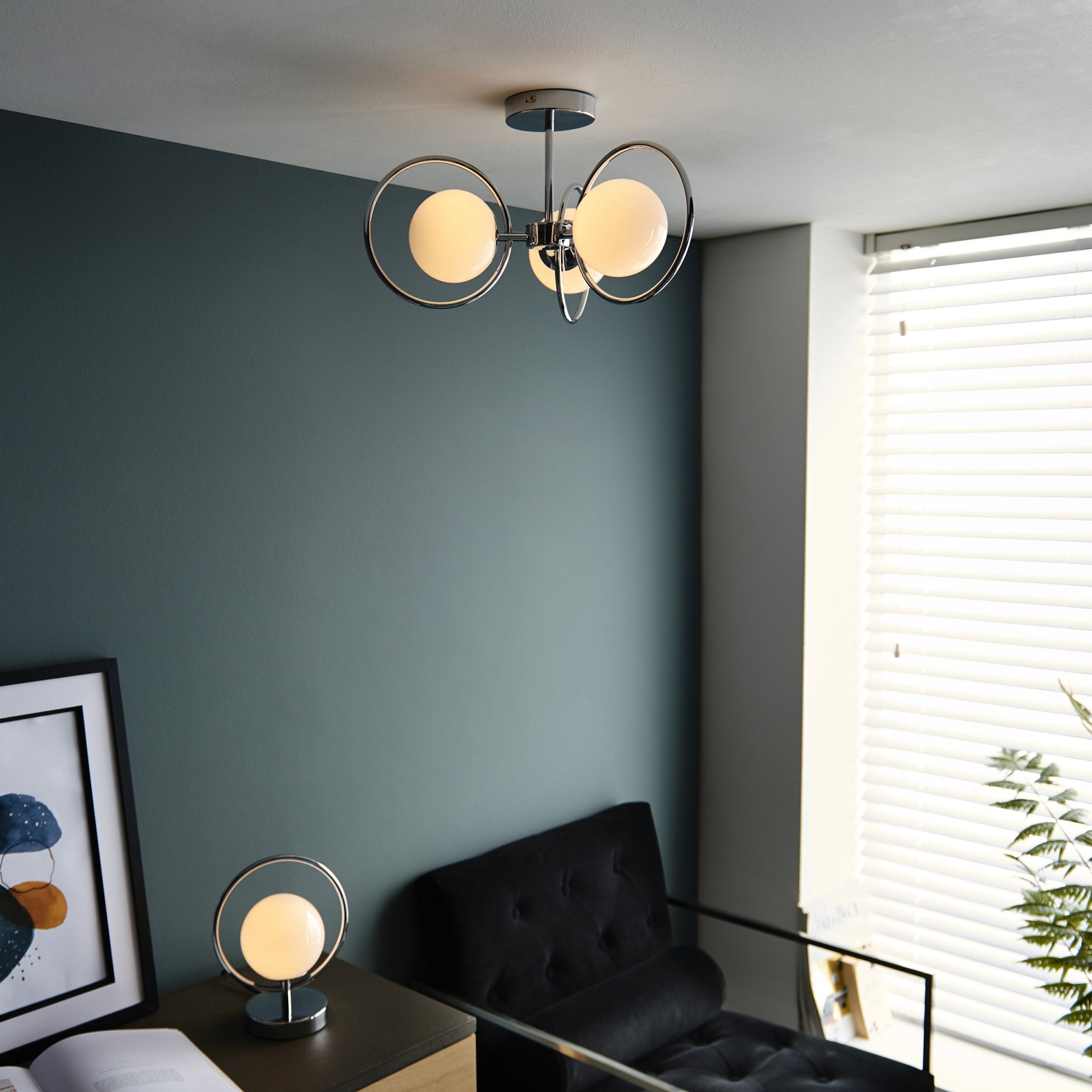 Endon Orb 3 Light Semi Flush Fitting - Chrome Plate & Opal Glass