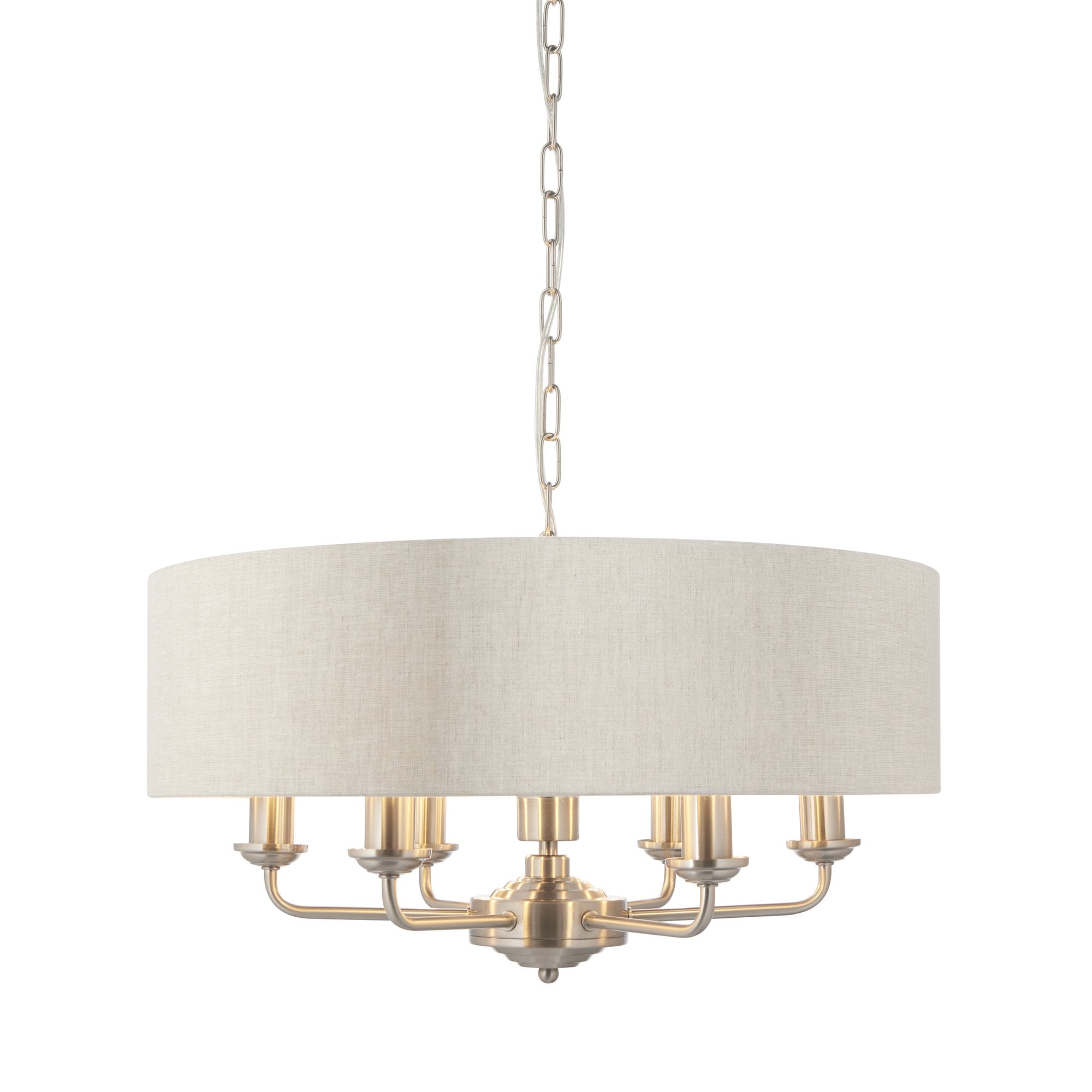 Endon Highclere 6 Light Pendant - Brushed Chrome Plate & Neutral Linen