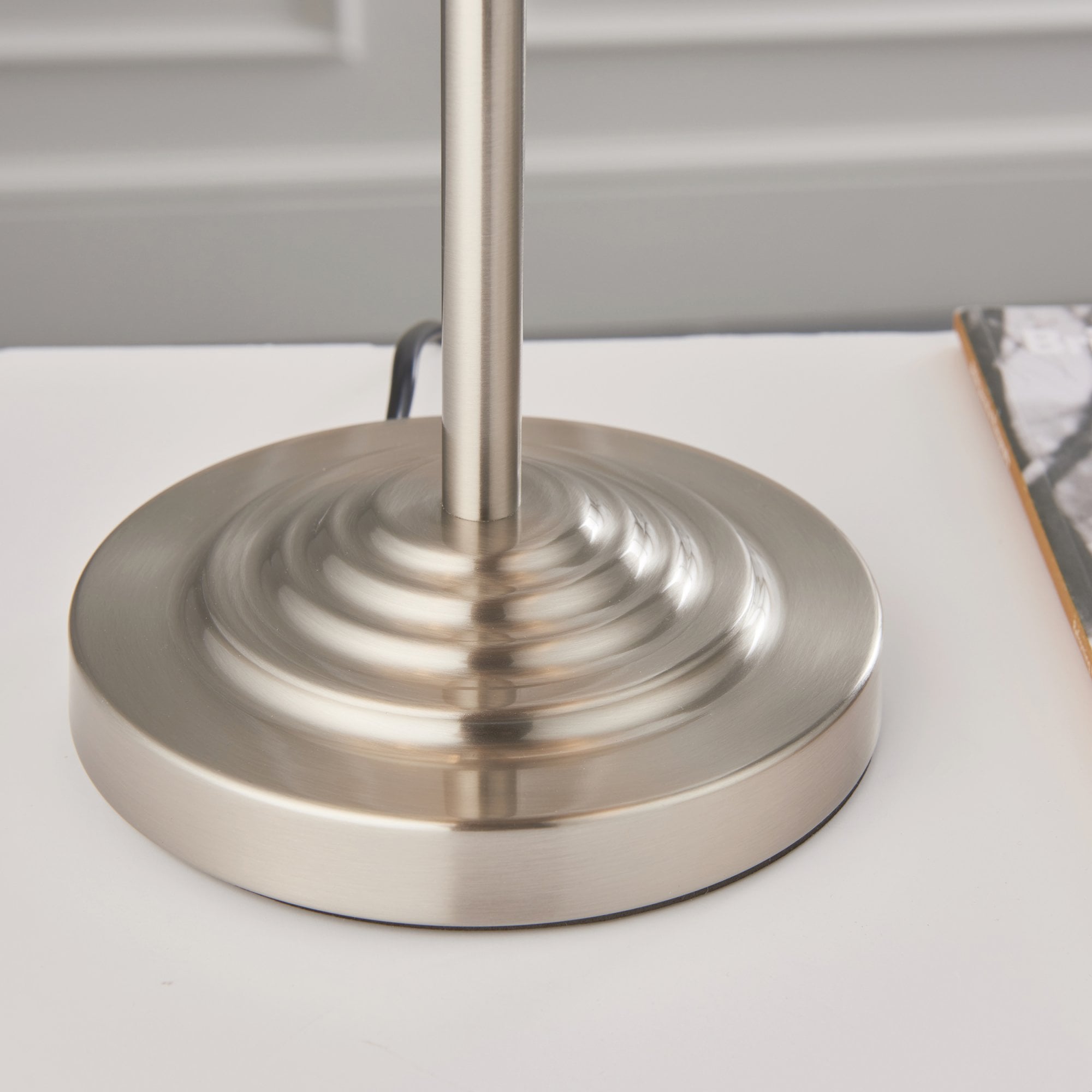 Endon Highclere 3 Light Table Lamp - Brushed Chrome Plate & Neutral Linen