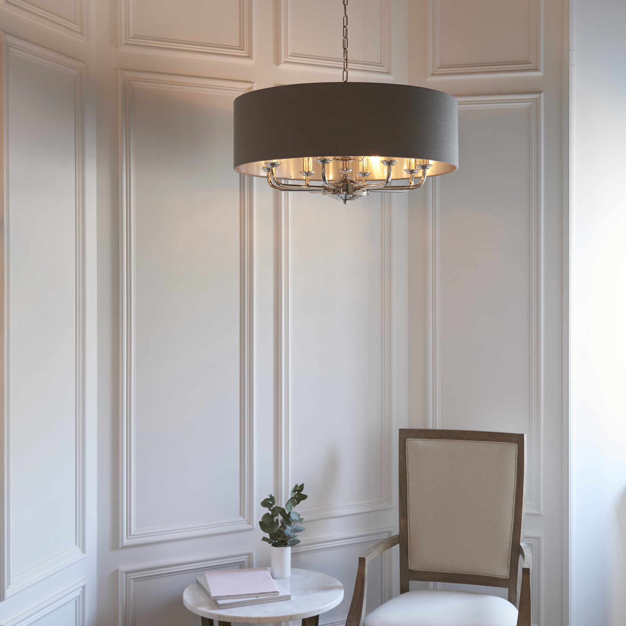 Endon Highclere 6 Light Pendant - Bright Nickel Plate & Charcoal Fabric