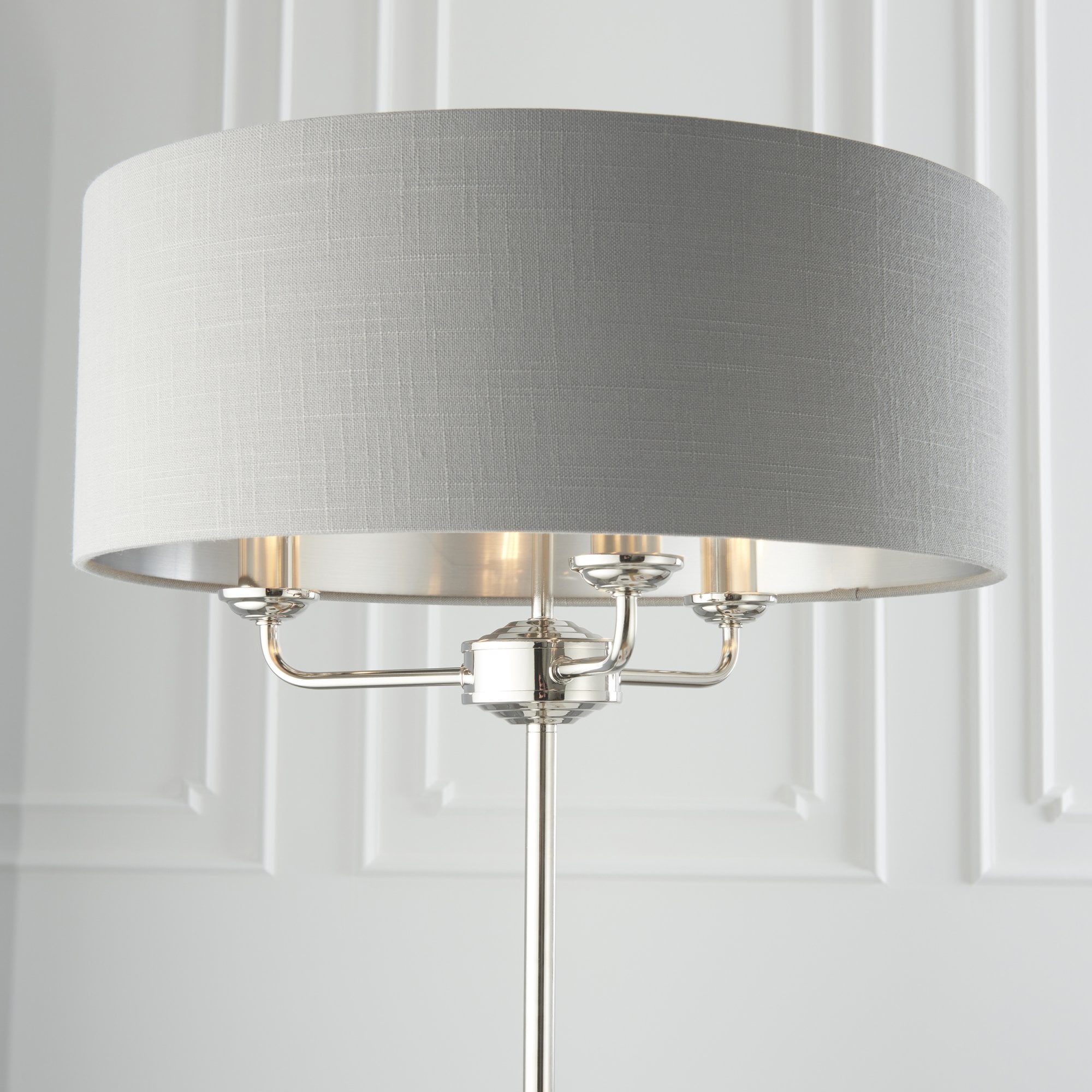 Endon Highclere 3 Light Floor Lamp - Bright Nickel Plate & Charcoal Fabric